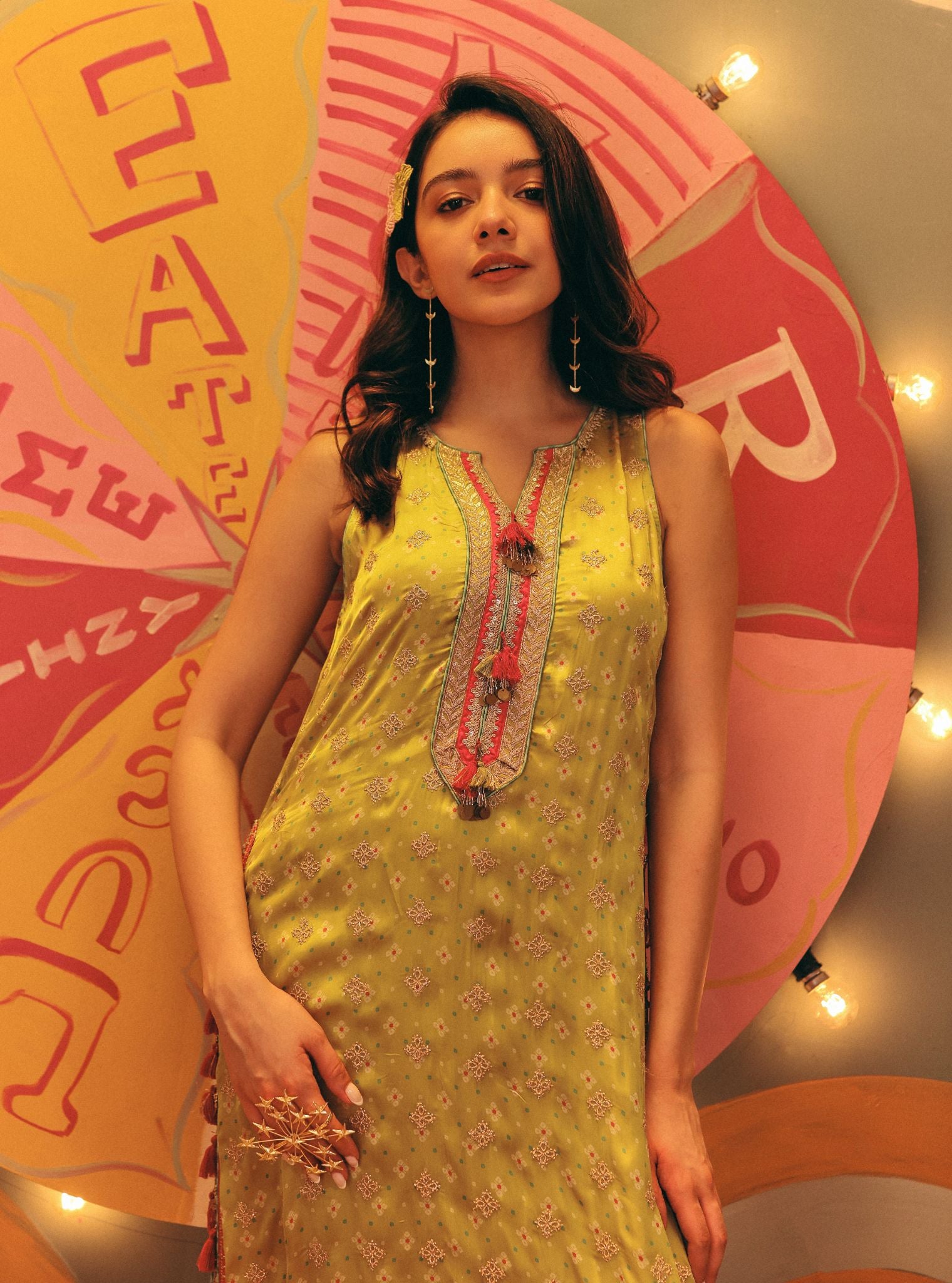 Lavya Cupro Satin Printed Lime Kurta Set