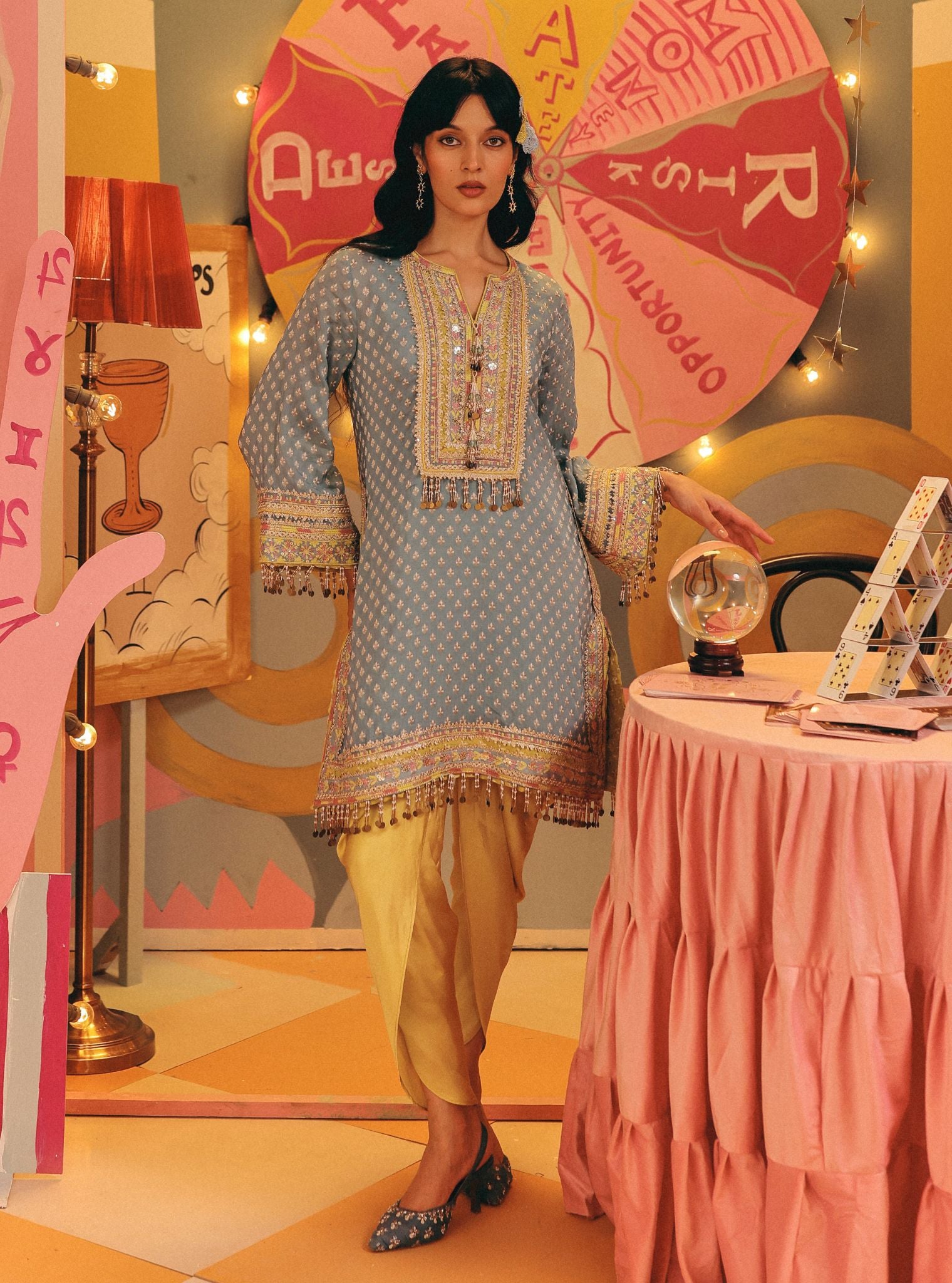 Tila Banarsi Blue Short Kurta with Dhoti Pants