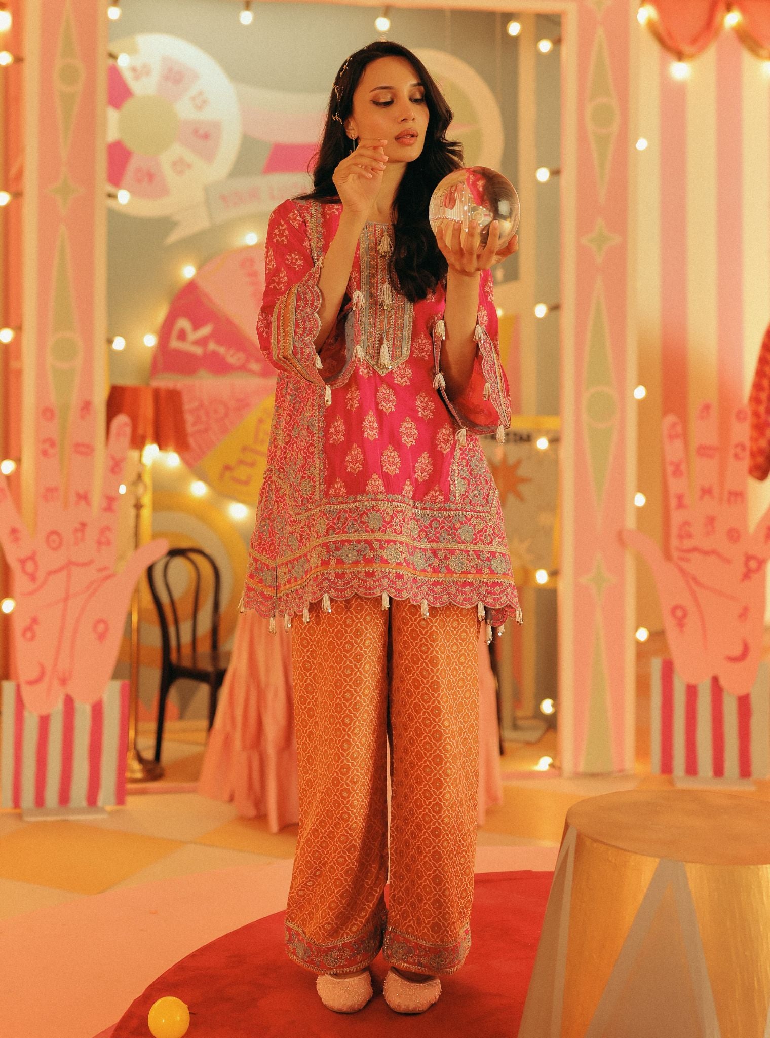 Nami Banarsi Fuchsia Short Kurta with Wide Pants