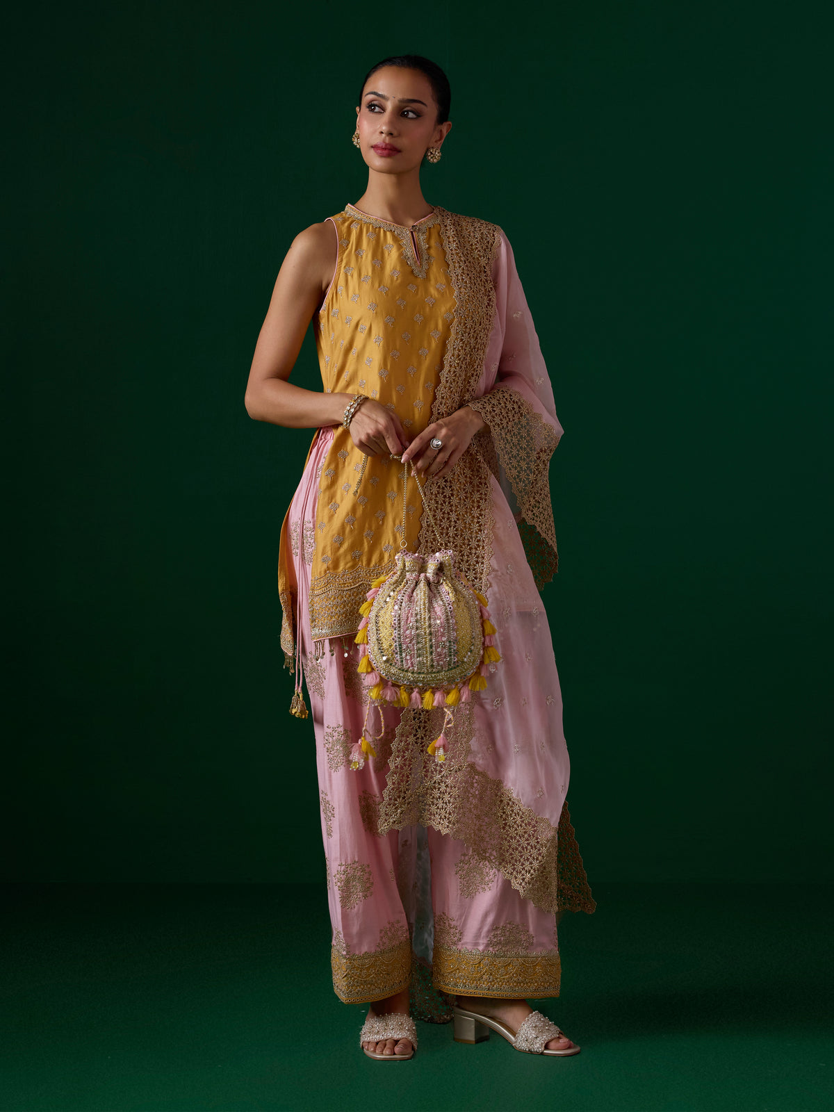 Sugandh Pima Satin Mustard Kurta Set