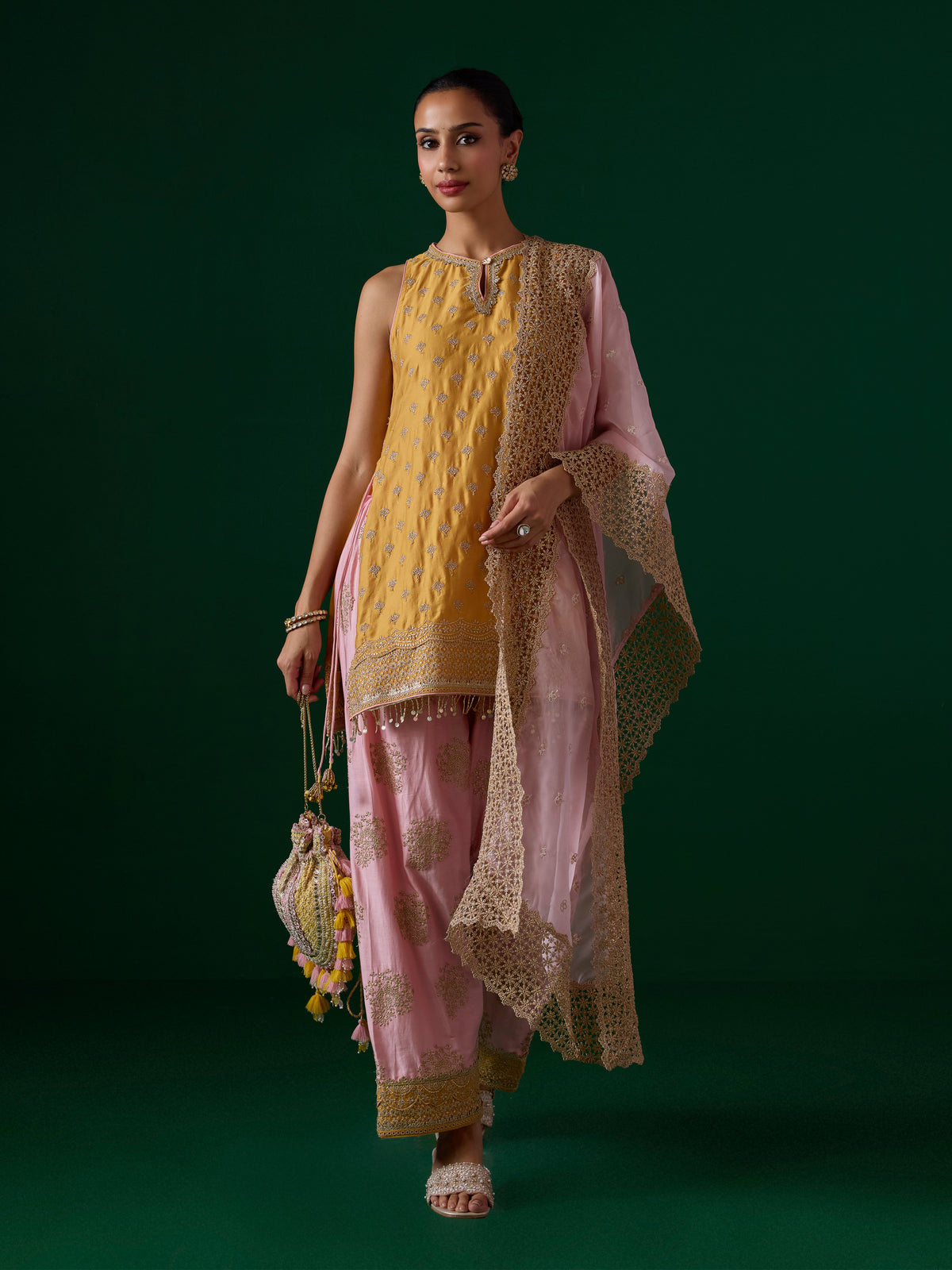 Sugandh Pima Satin Mustard Kurta Set