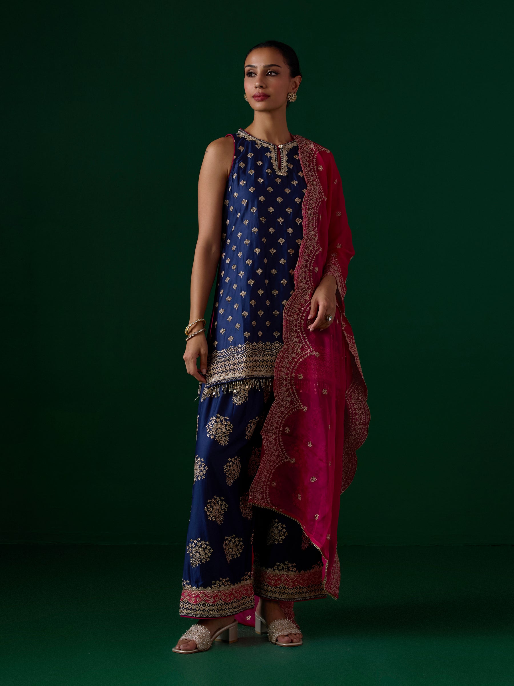 Sugandh Pima Satin Blue Kurta With Farshi Salwar
