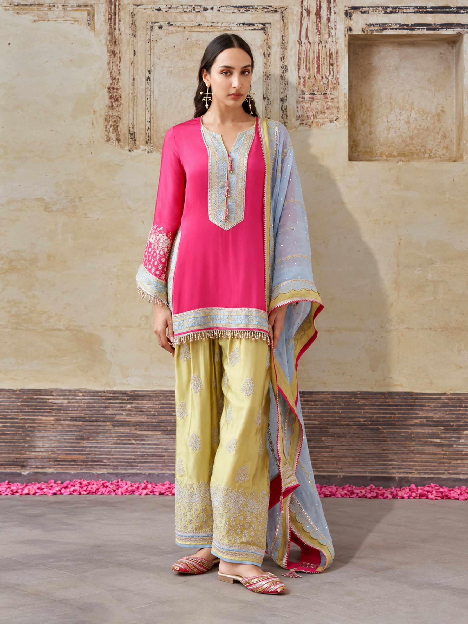 Shvi Cupro Satin Fuchsia Kurta With Farshi Salwar
