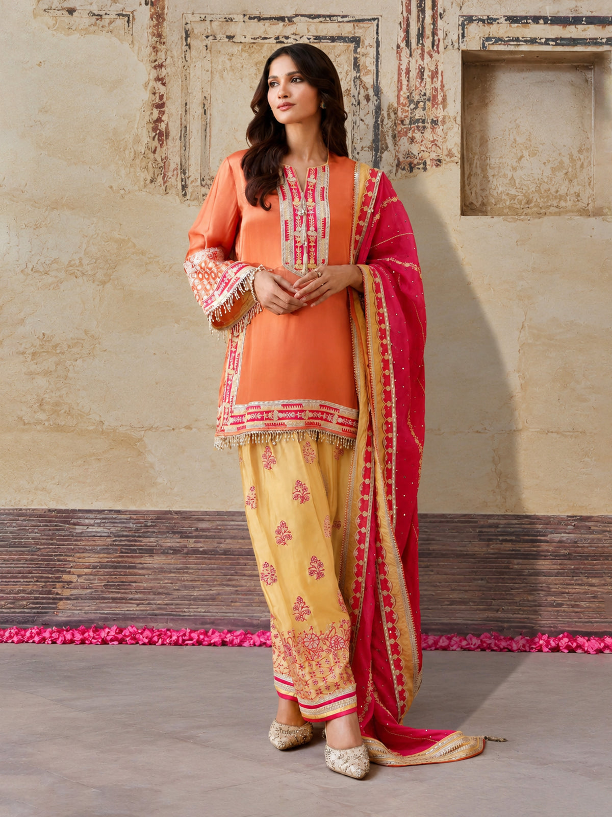 Shvi Cupro Satin Orange Kurta With Farshi Salwar