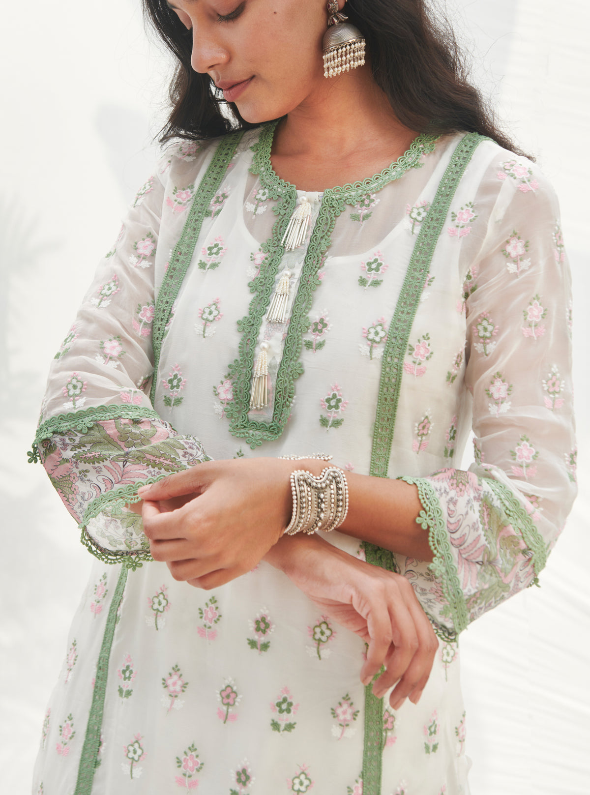 Mulmul Organza Laine Green Kurta With Mulmul Cotton Laine Green Pant