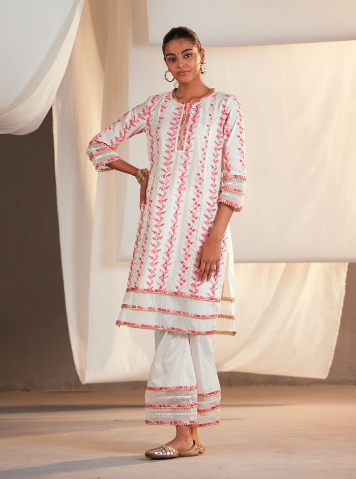 Mulmul Cotton Tiana Off White/Pink Kurta