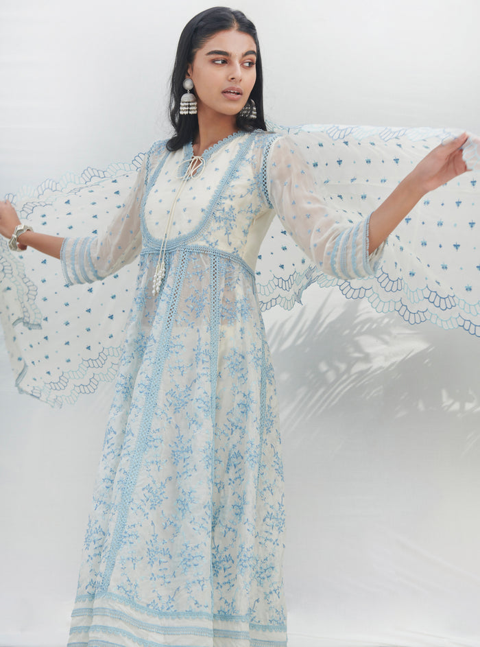 Mulmul Organza Anarkali Tisca White Kurta