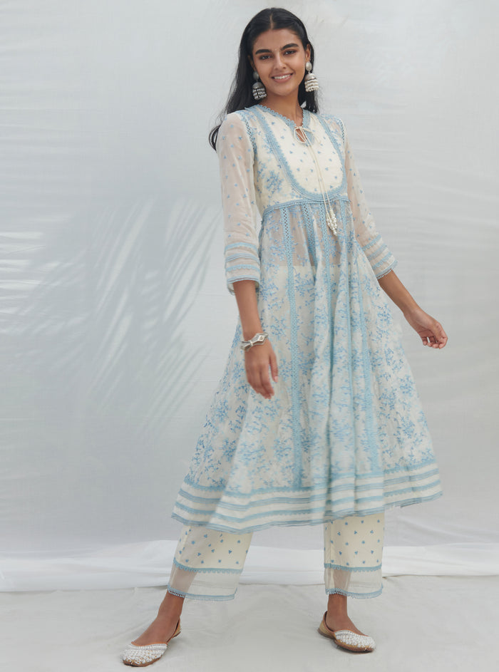 Mulmul Organza Anarkali Tisca White Kurta