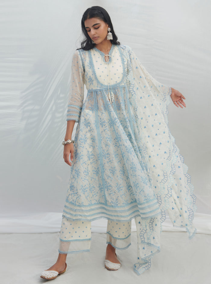 Mulmul Organza Anarkali Tisca White Kurta