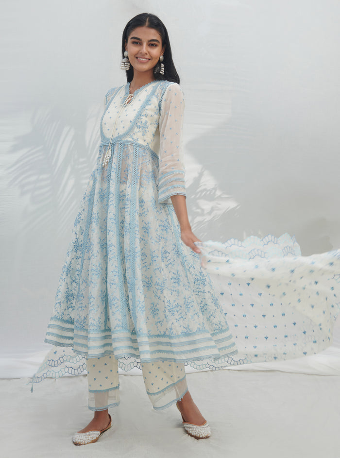 Mulmul Organza Anarkali Tisca White Kurta