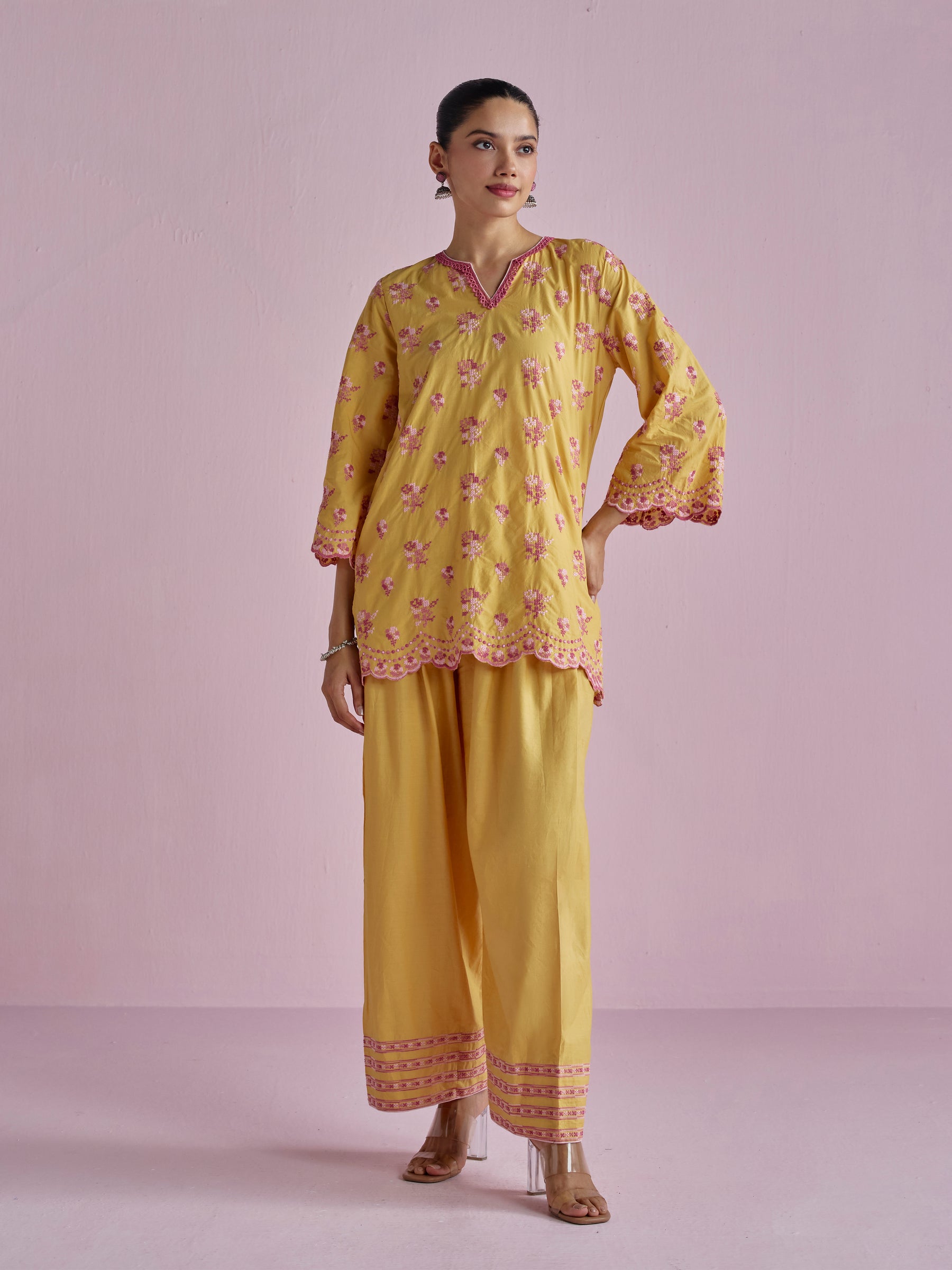 Aviya Supima Cotton Yellow Kurta With Farshi Salwar