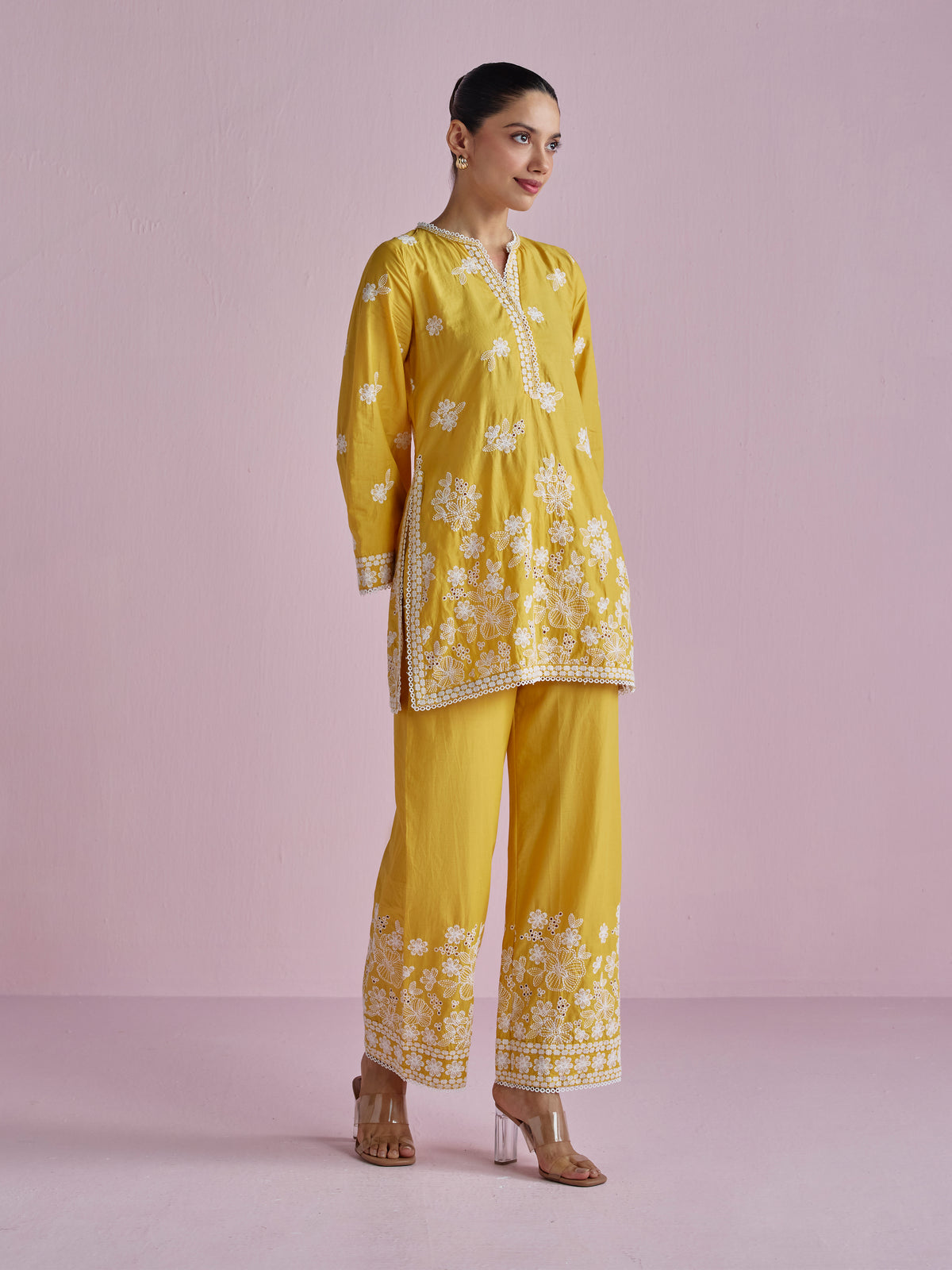 Kalani Supima Cotton Yellow With White Emb Co-ord Set