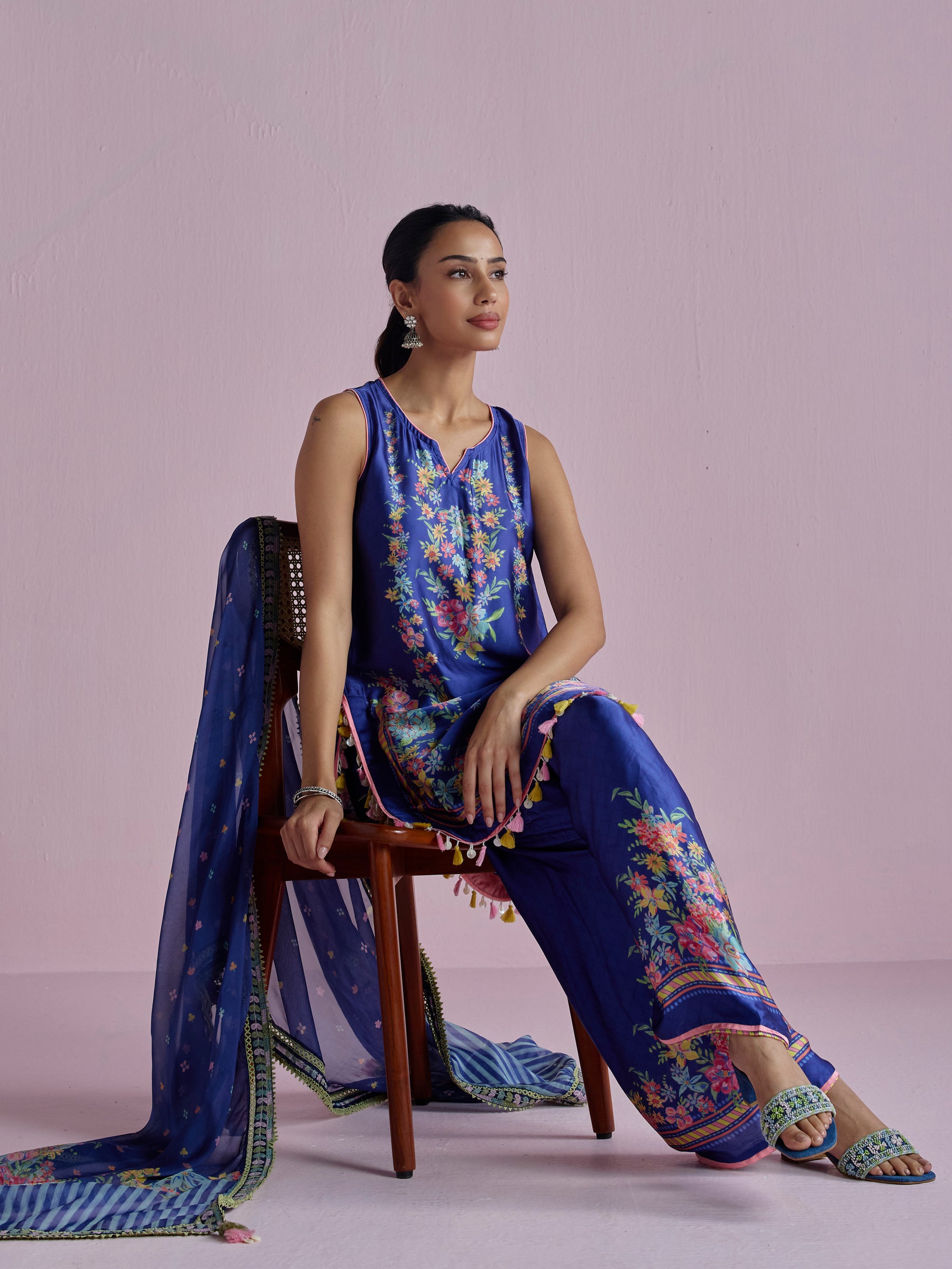 Zivae Cupro Satin Printed Navy Kurta Set