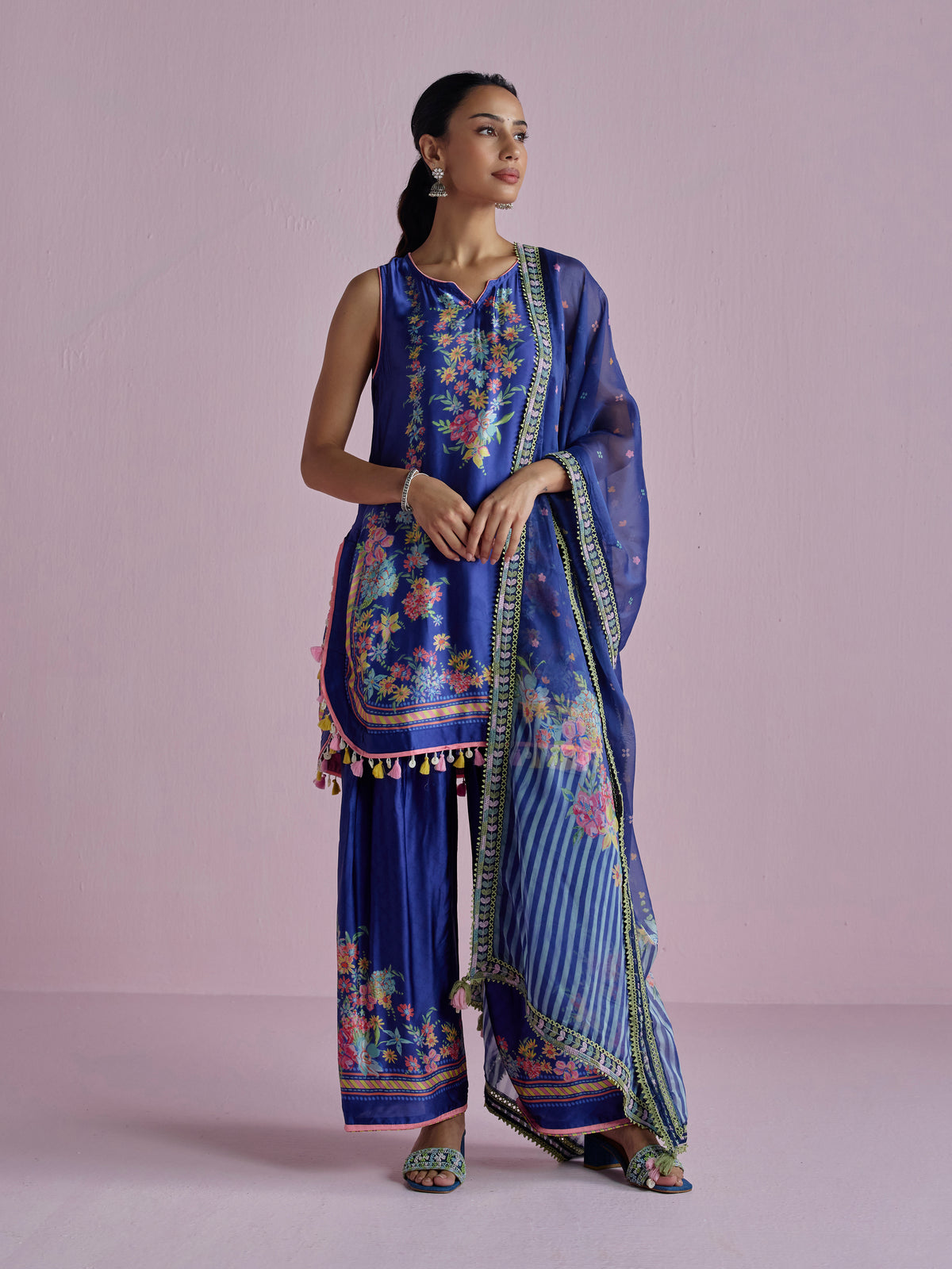 Zivae Cupro Satin Printed Navy Kurta Set
