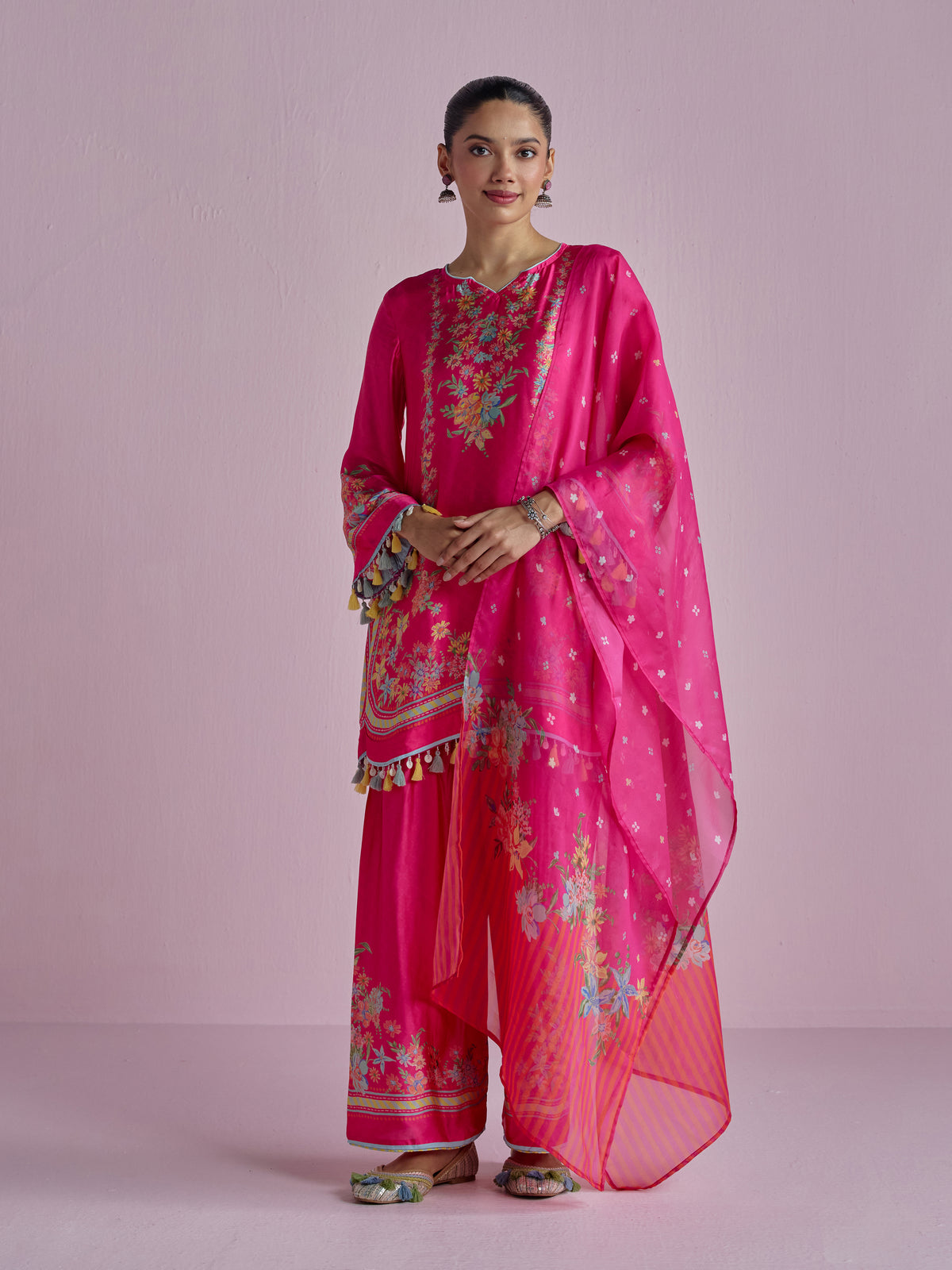 Zivae Cupro Satin Printed Fuchsia Kurta Set