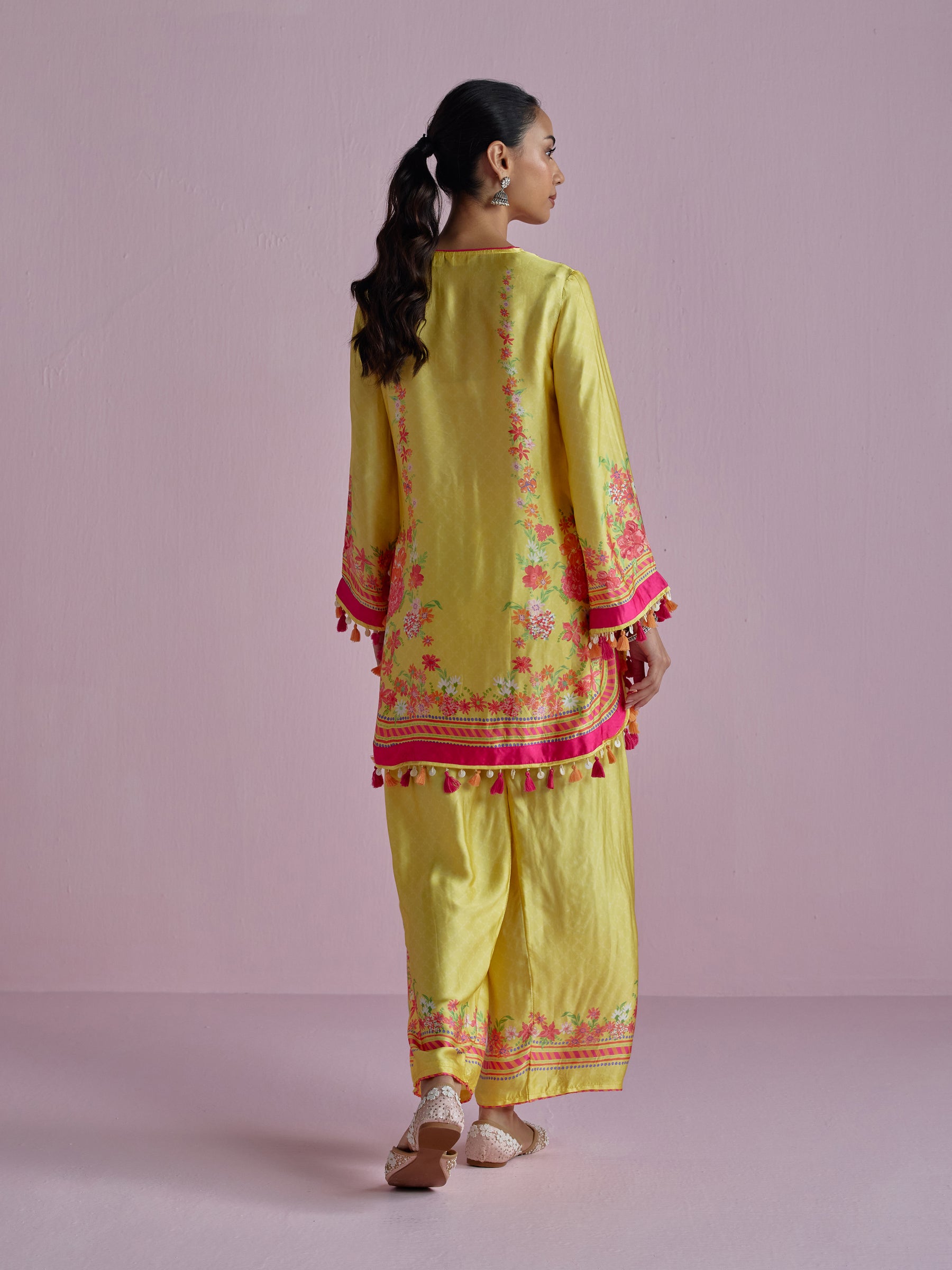 Zivae Cupro Satin Printed Yellow Kurta Set