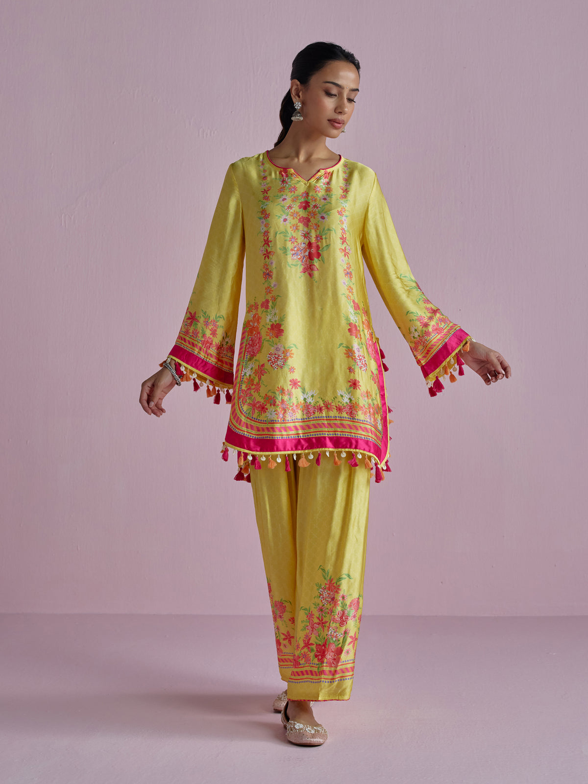 Zivae Cupro Satin Printed Yellow Kurta Set