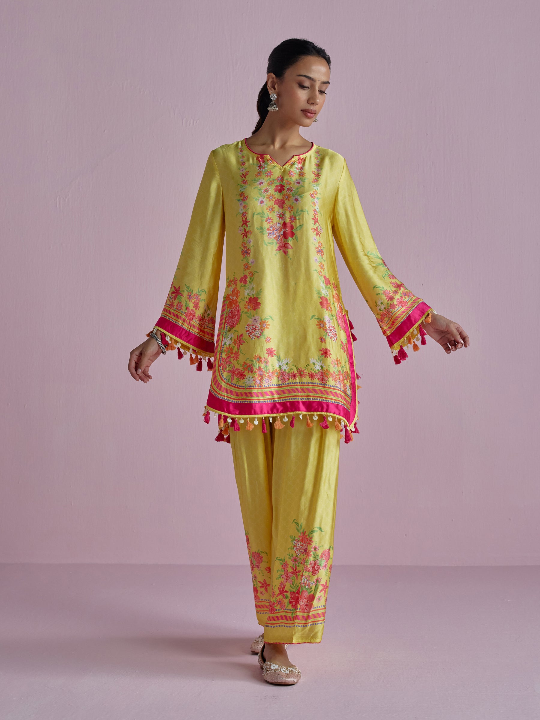 Zivae Cupro Satin Printed Yellow Kurta Set