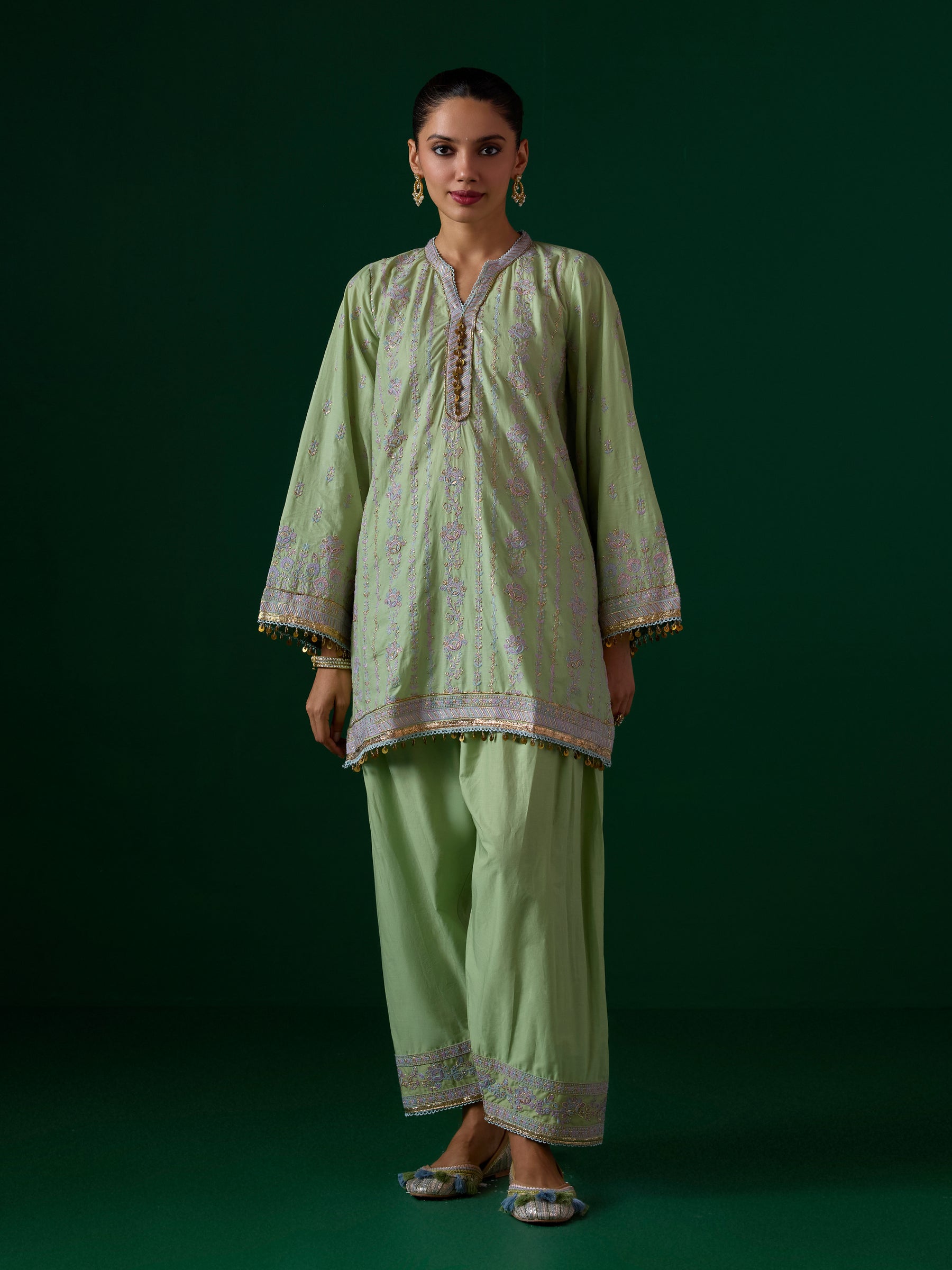 Pralika Bemberg Satin Green Kurta With Farshi Salwar
