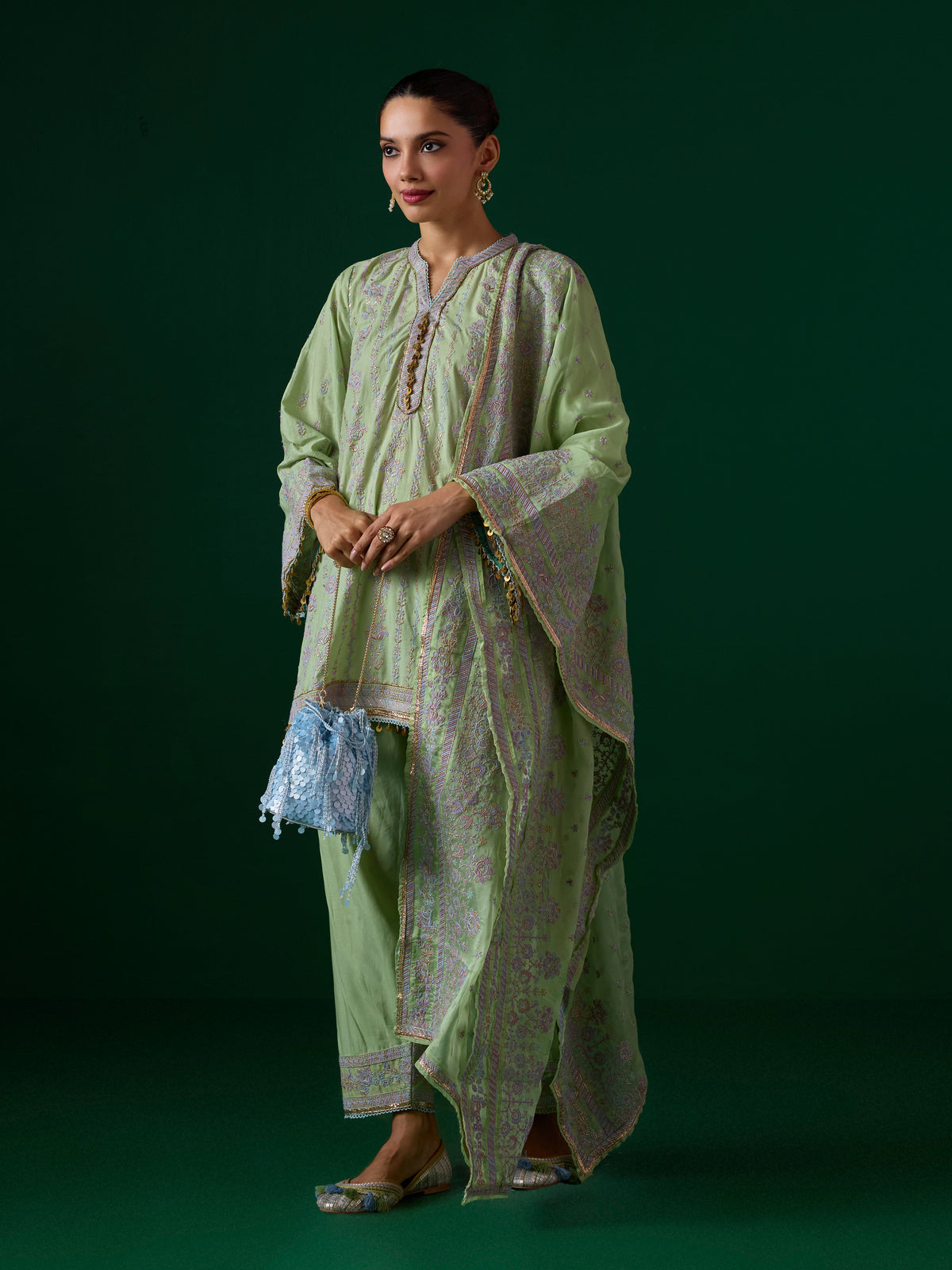 Pralika Bemberg Satin Green Kurta With Farshi Salwar