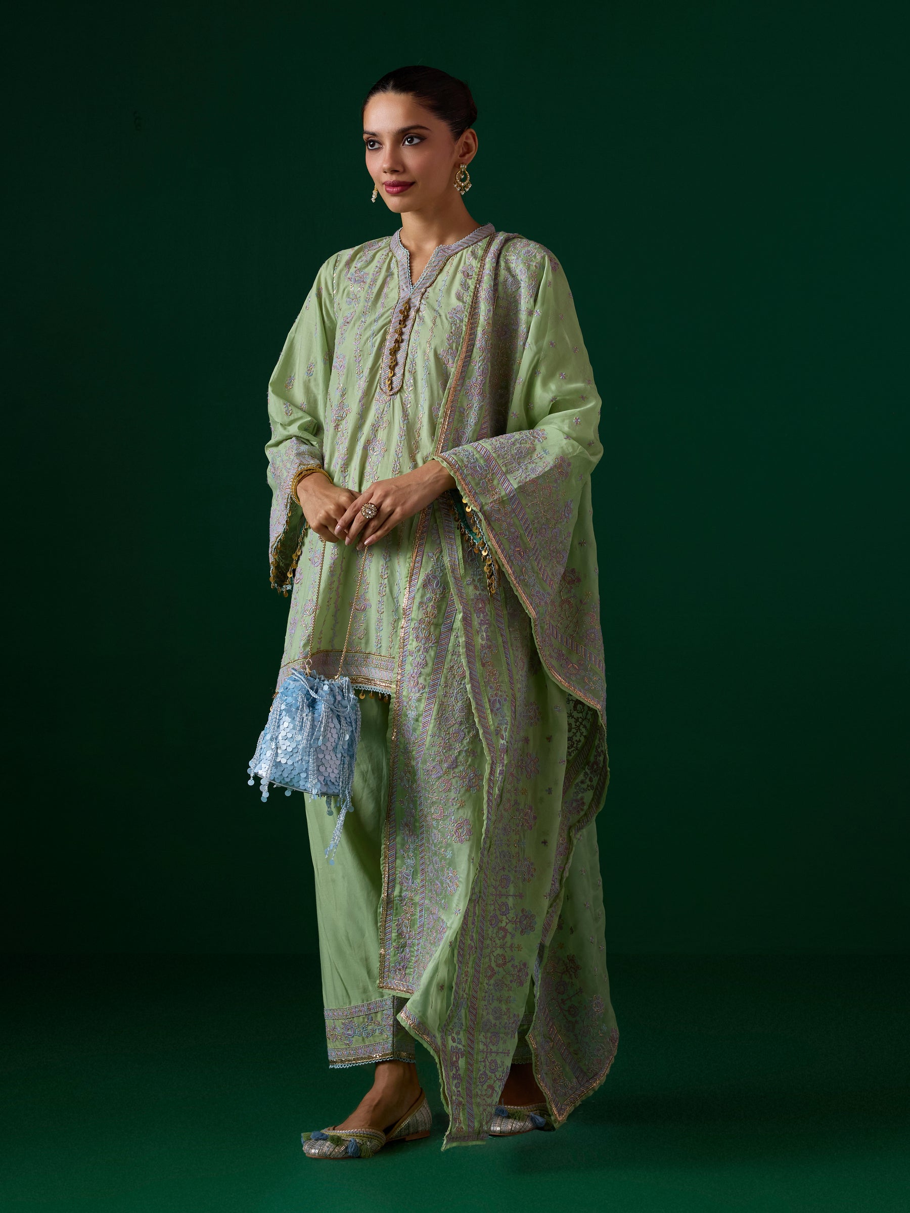 Pralika Bemberg Satin Green Kurta With Farshi Salwar