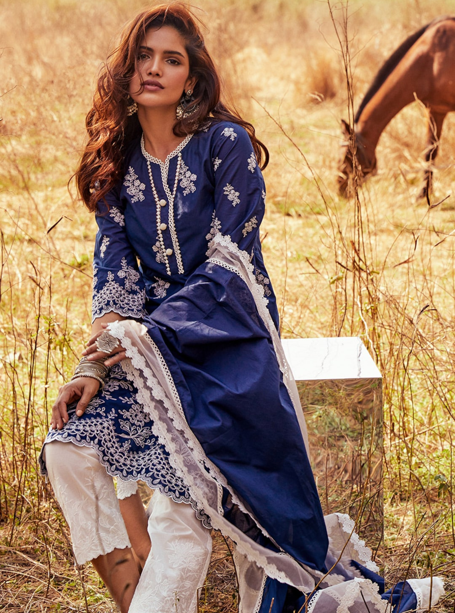 Moon Light Cotton Navy Kurta Set