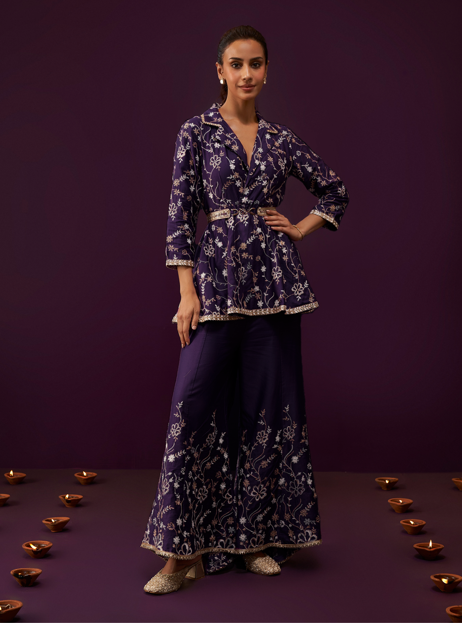 Mulmul Pima Satin Preeda Purple Top With Mulmul Pima Satin Preeda Purple Pant