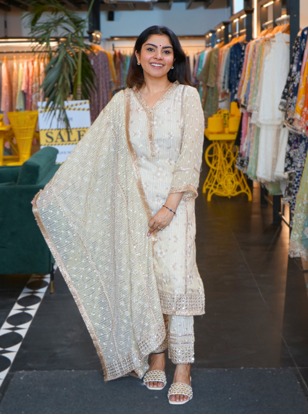 Mangal Banarsi Off White Kurta With Blue Pant