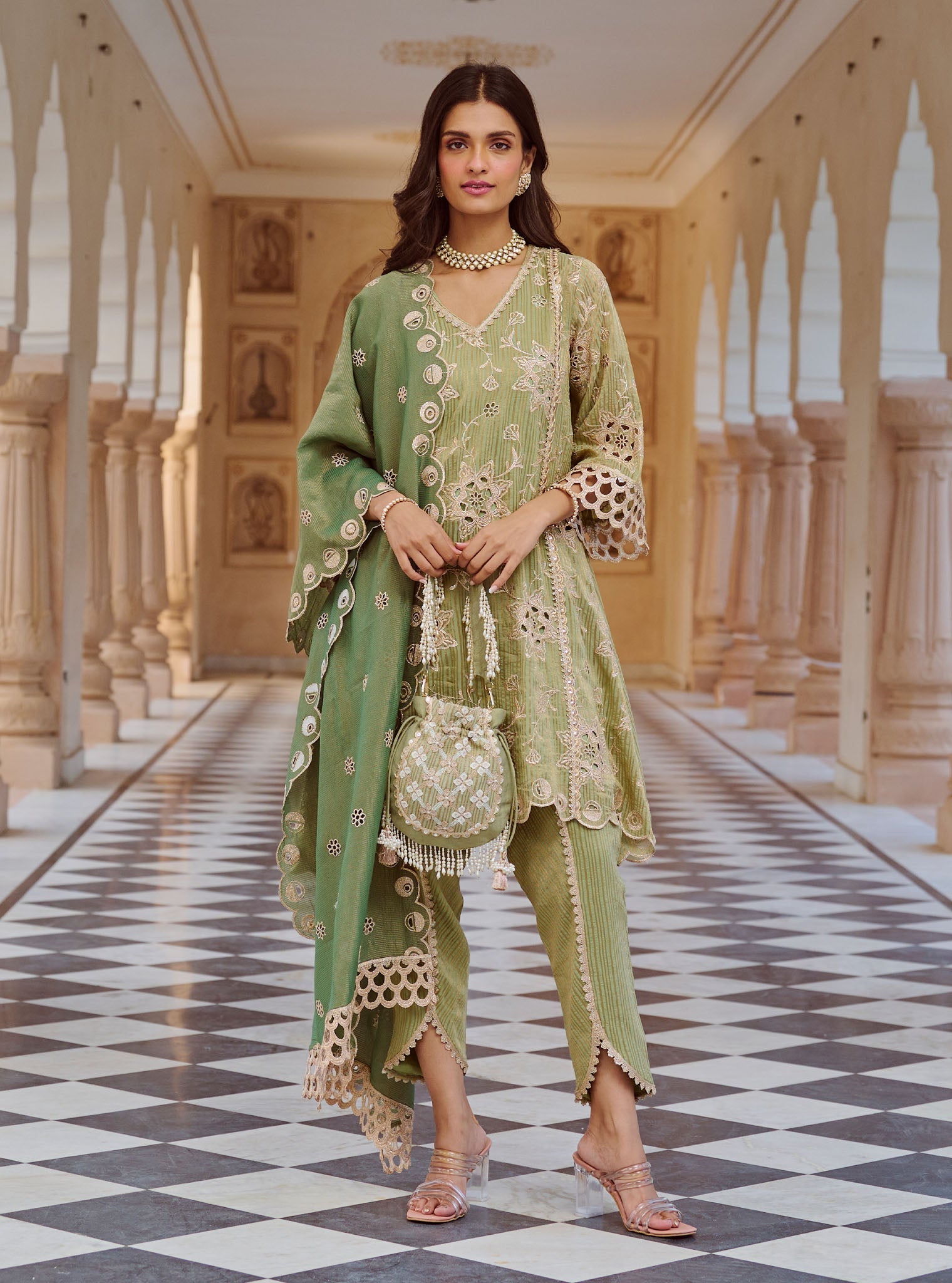 Mulmul Banarsi Magan Green Kurta with Mulmul Banarsi Magan Green Dhoti Pant