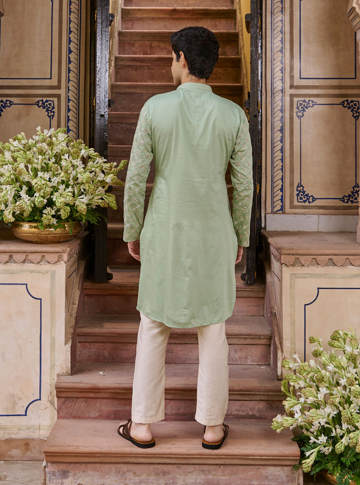 Mulmul Luxe Satin Rooh Yellow Men Kurta with Mulmul Pima Satin Shava Off White Pyajama
