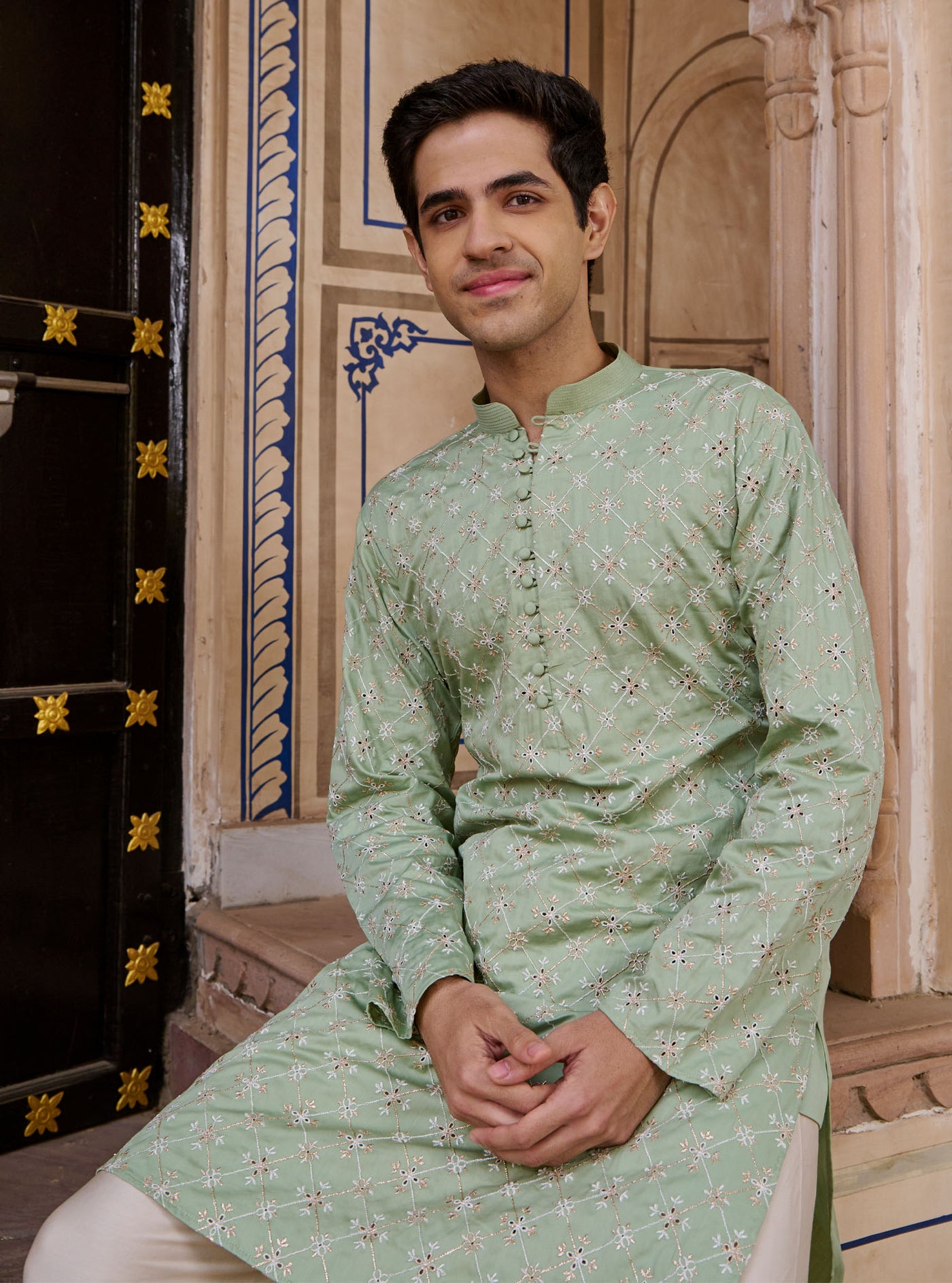 Mulmul Luxe Satin Rooh Yellow Men Kurta with Mulmul Pima Satin Shava Off White Pyajama