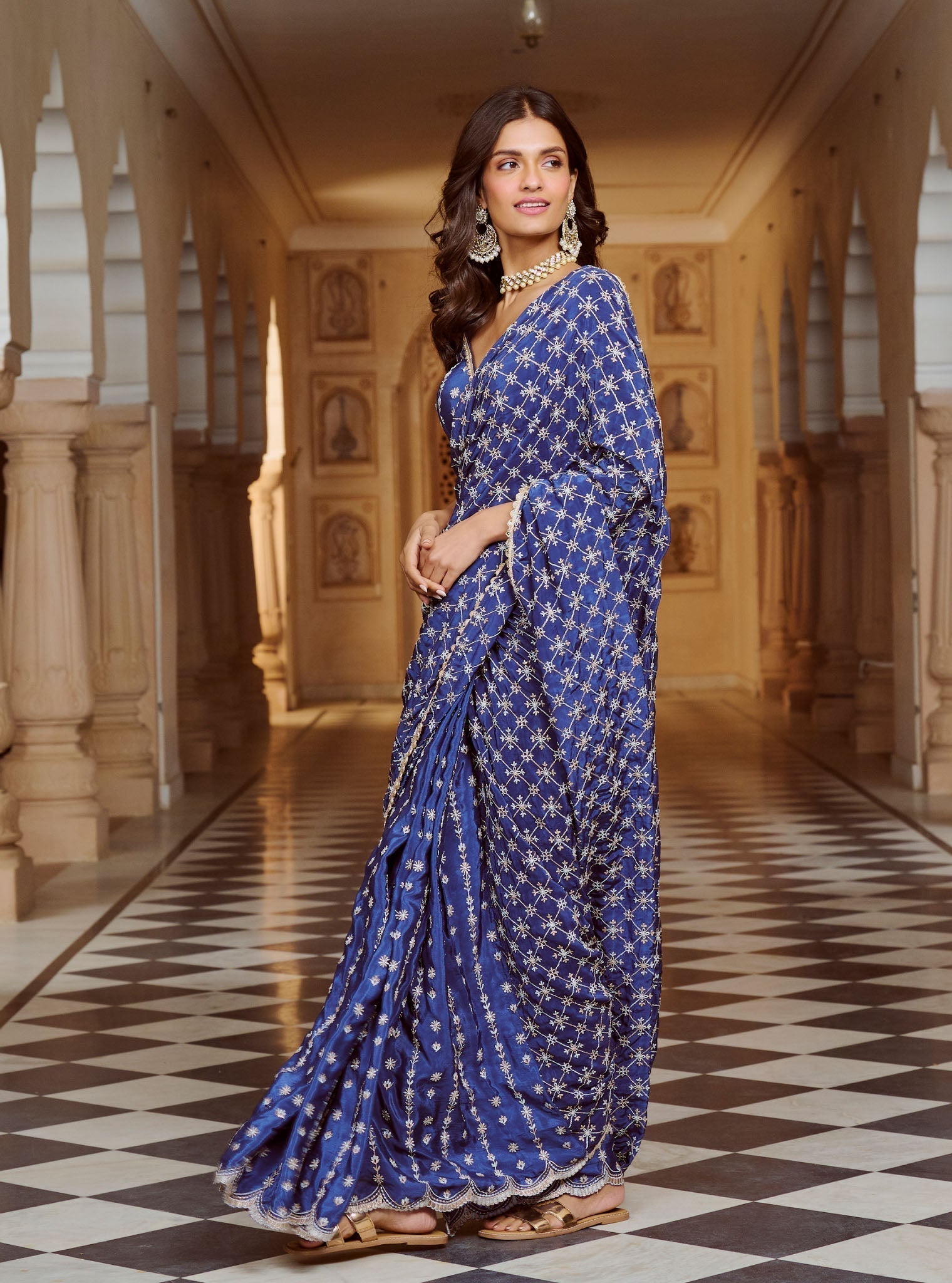 Mulmul Crepe Banni Navy Saree