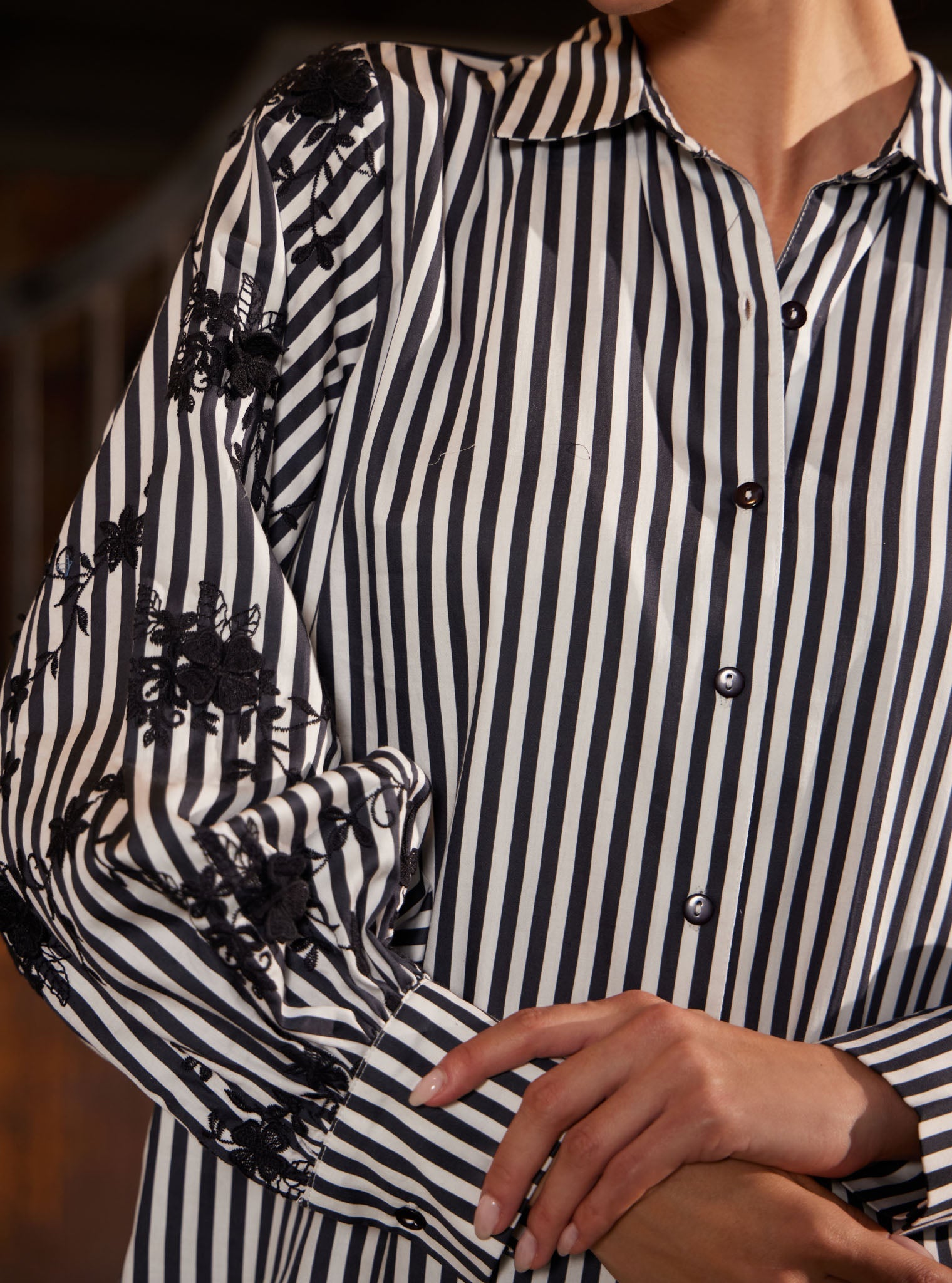 Mulmul Pima Stripe Printed Astraea Black Shirt