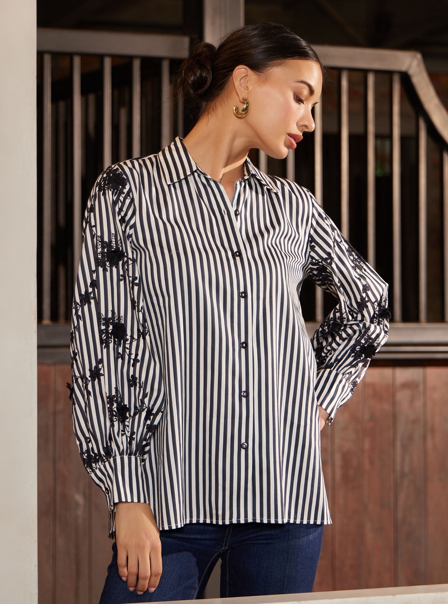 Mulmul Pima Stripe Printed Astraea Black Shirt