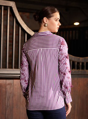 Mulmul Pima Stripe Printed Astraea Purple Shirt