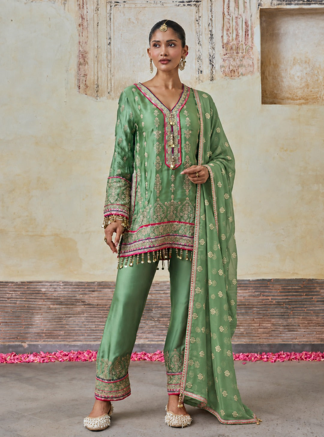 Yaira Cupro Satin Matcha Green Kurta Set
