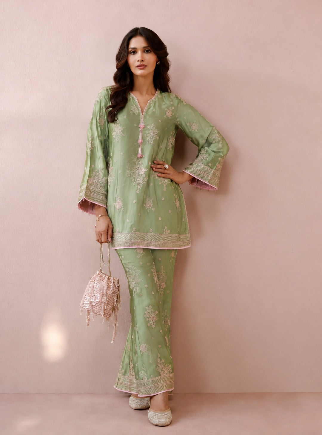 Zaria Cupro Satin Pista Green Co-ord Set