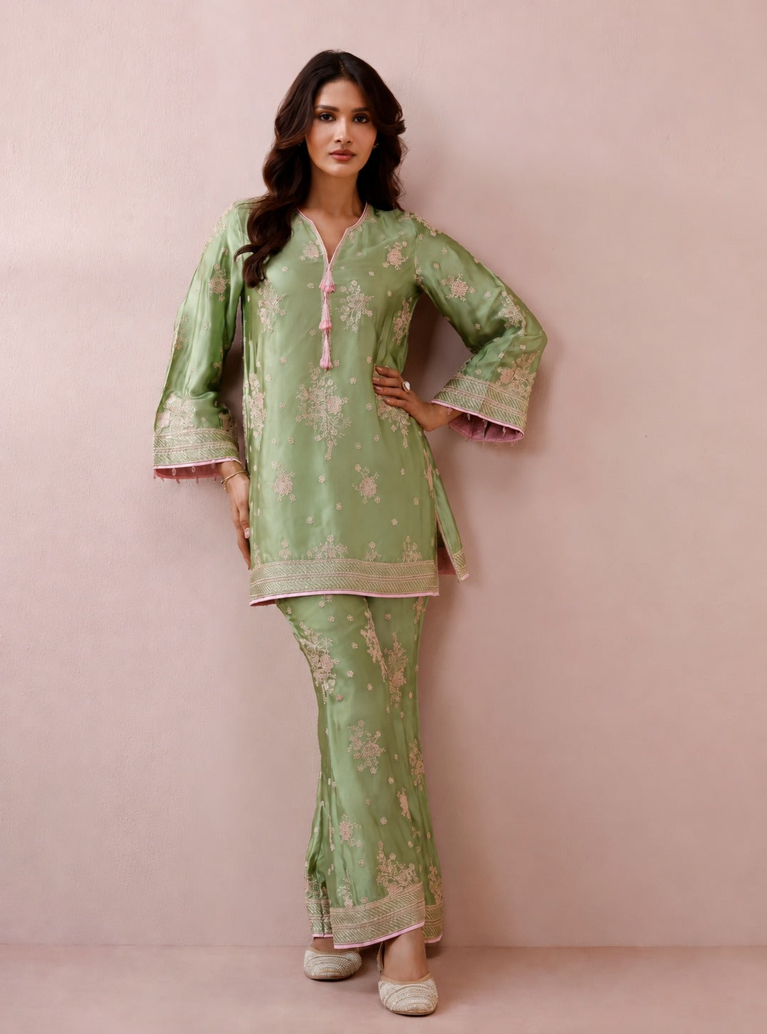 Zaria Cupro Satin Pista Green Co-ord Set