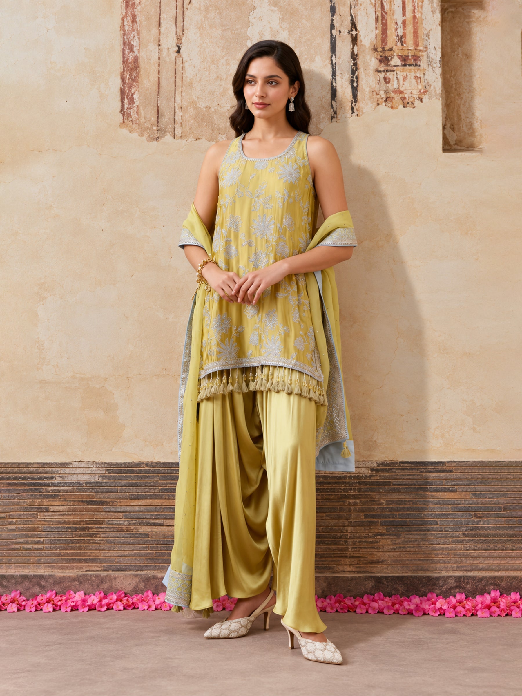 Zani Cupro Satin Lime Kurta with Draped Pants