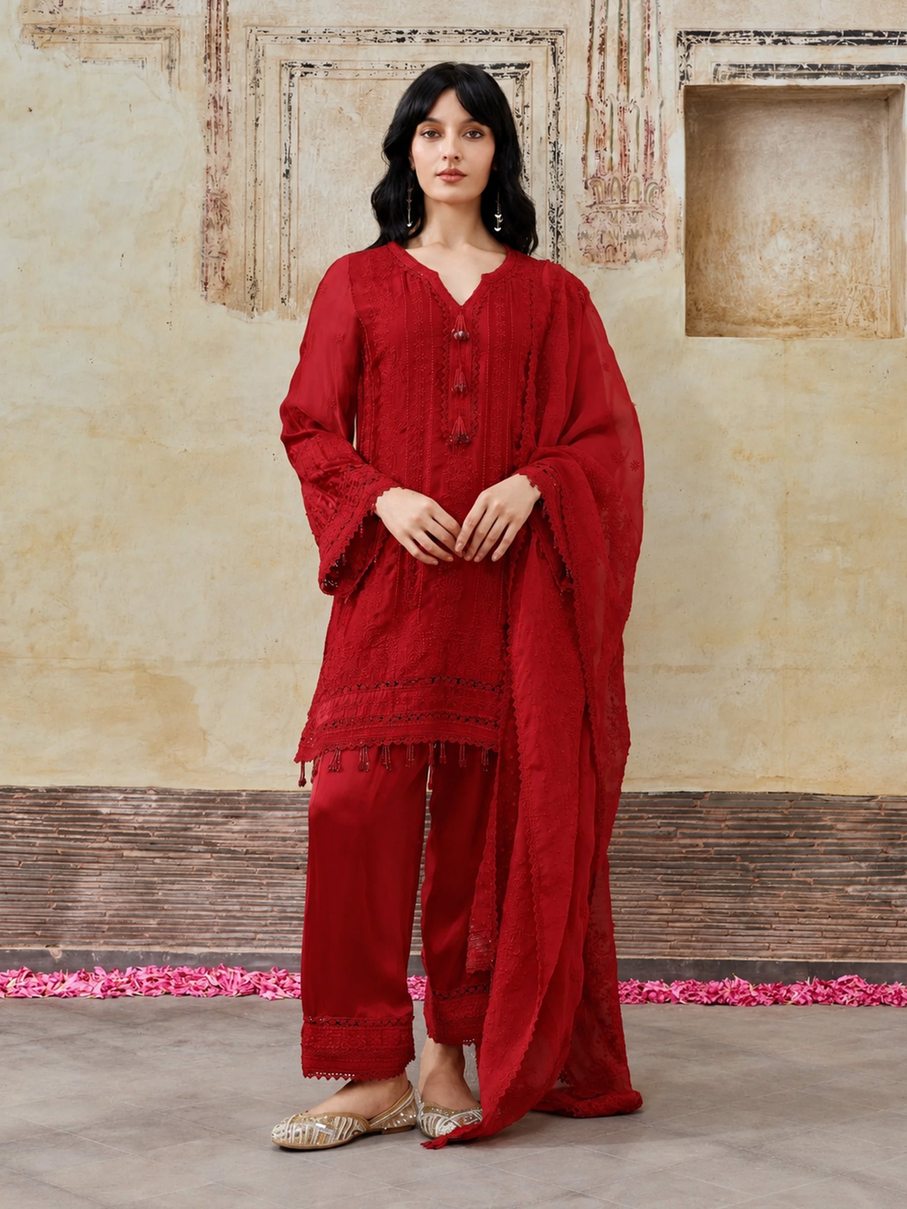 Zuri Cupro Satin Red Kurta With Farshi Salwar