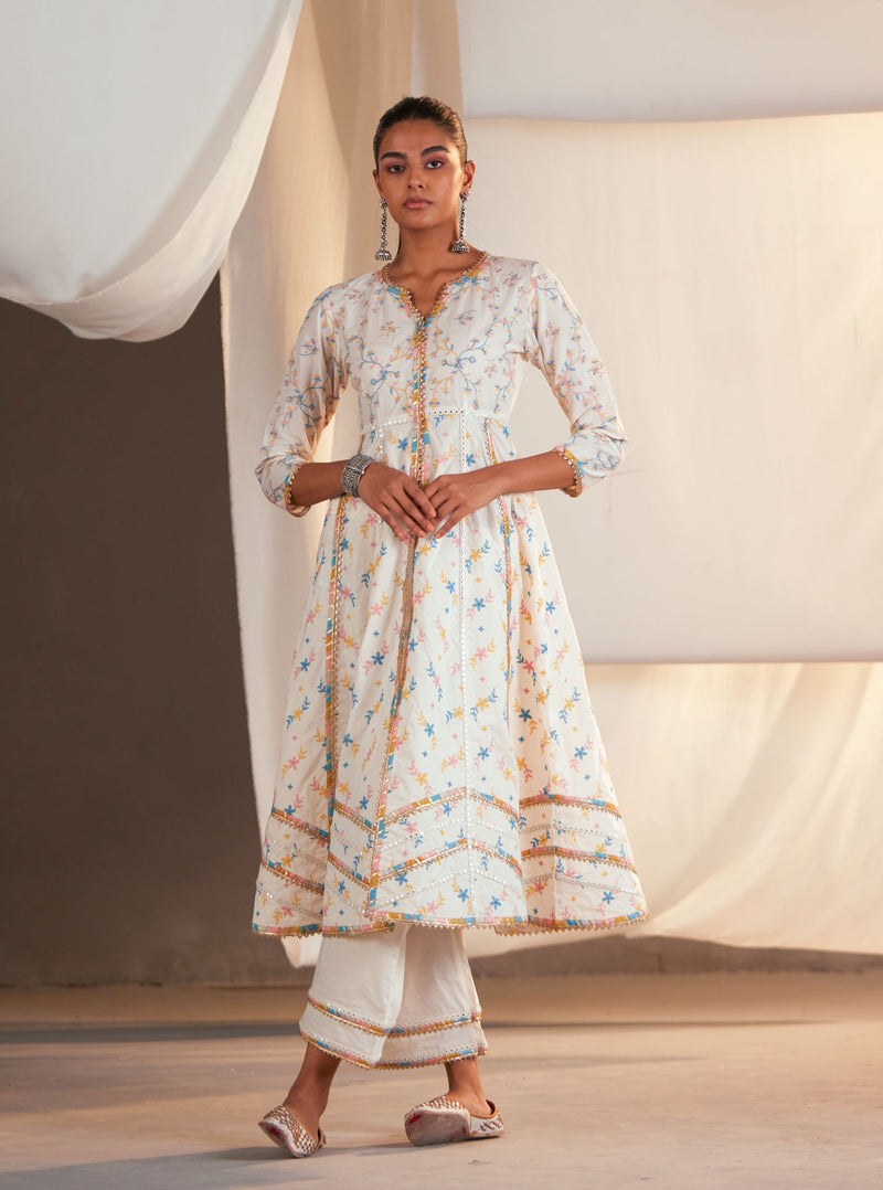 Mulmul Cotton Ayla Anarkali Off White Kurta