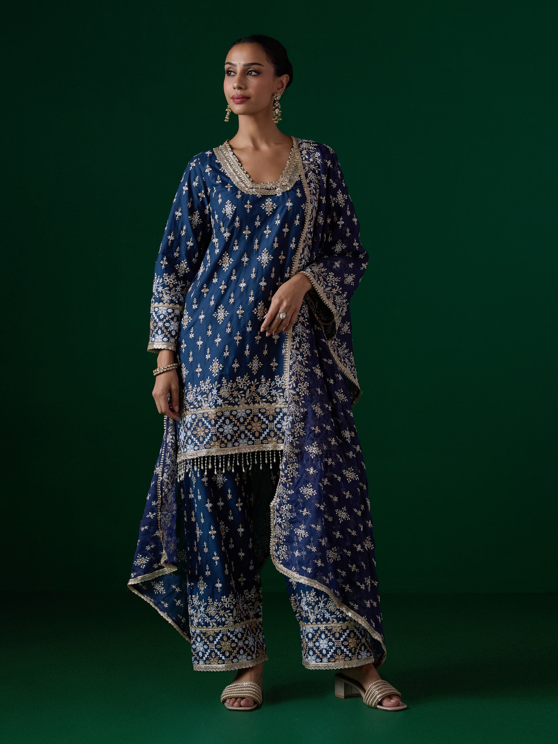 Kalander Pima Satin Navy Kurta Set