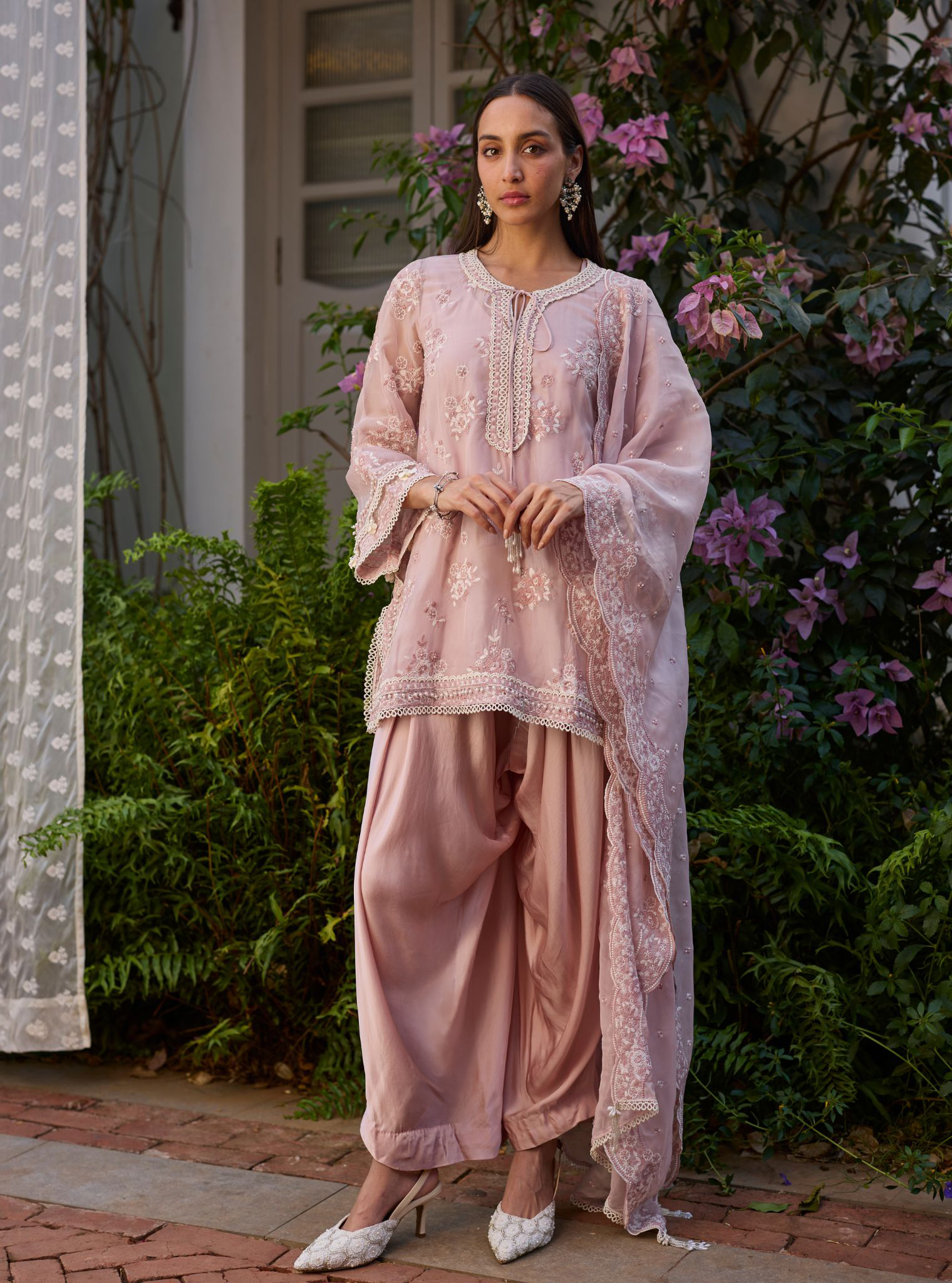 Zeni Organza Dusty Pink Kurta With Draped Pants