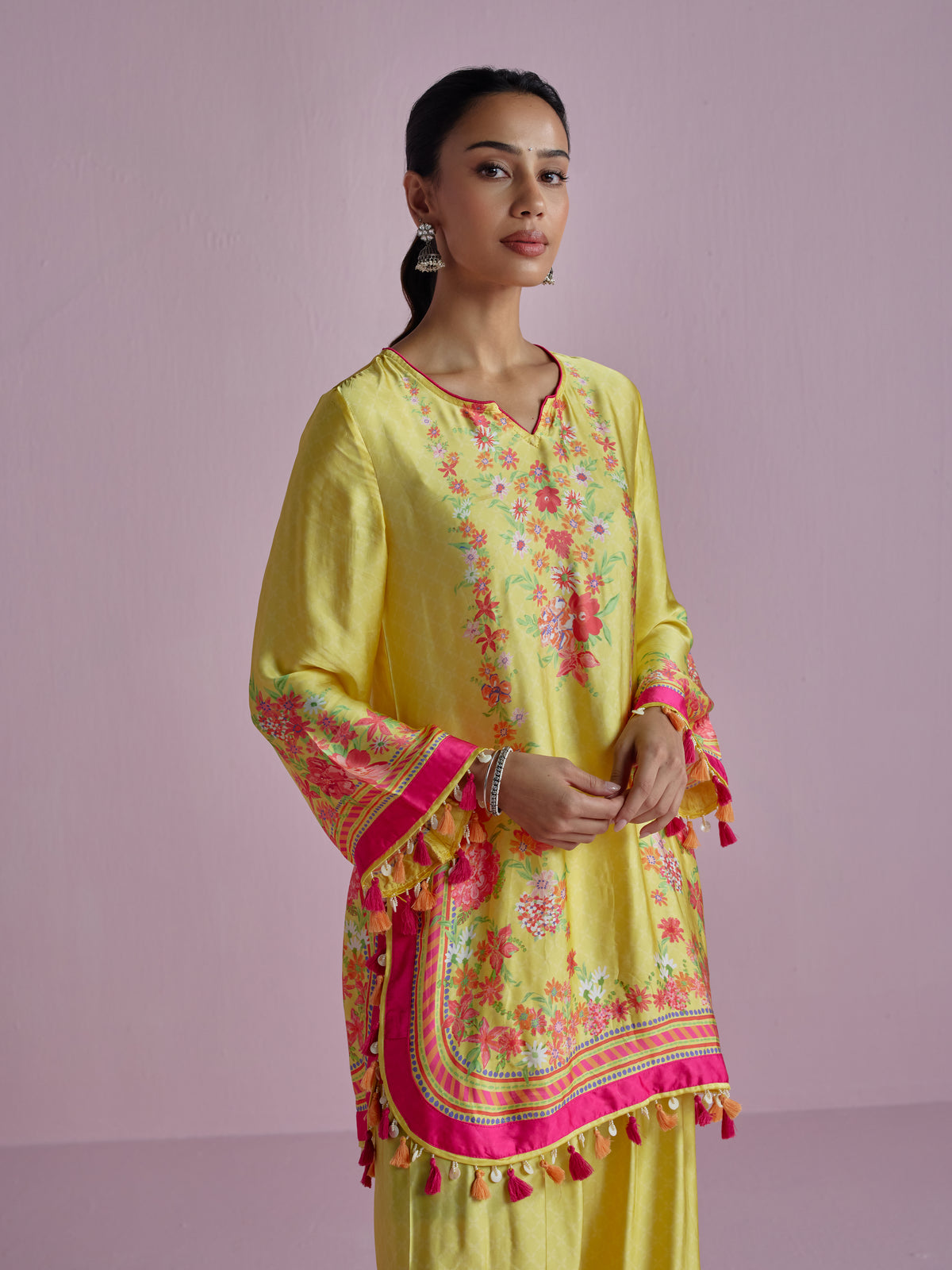 Zivae Cupro Satin Printed Yellow Kurta Set