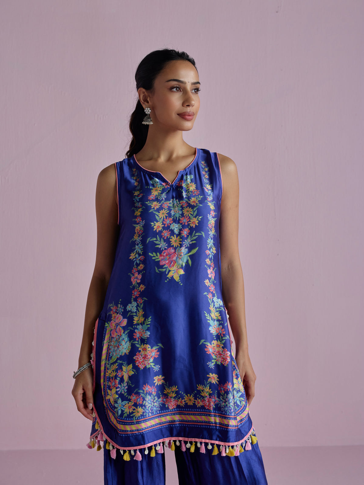 Zivae Cupro Satin Printed Navy Kurta Set