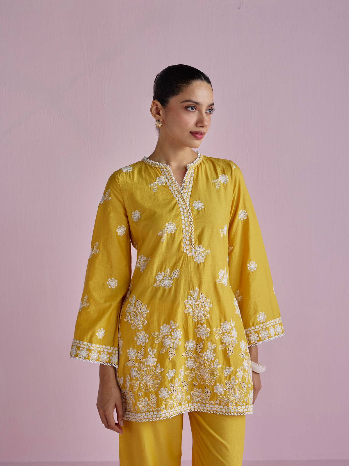 Kalani Supima Cotton Yellow With White Emb Co-ord Set