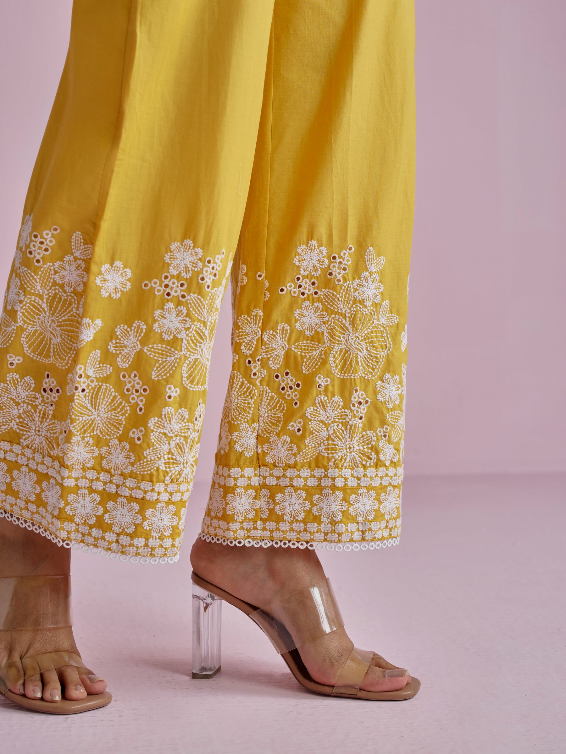 Kalani Supima Cotton Yellow With White Emb Co-ord Set