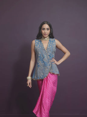 Lunira Denim Waistcoat With Cupro Satin Printed Fuschia Pant