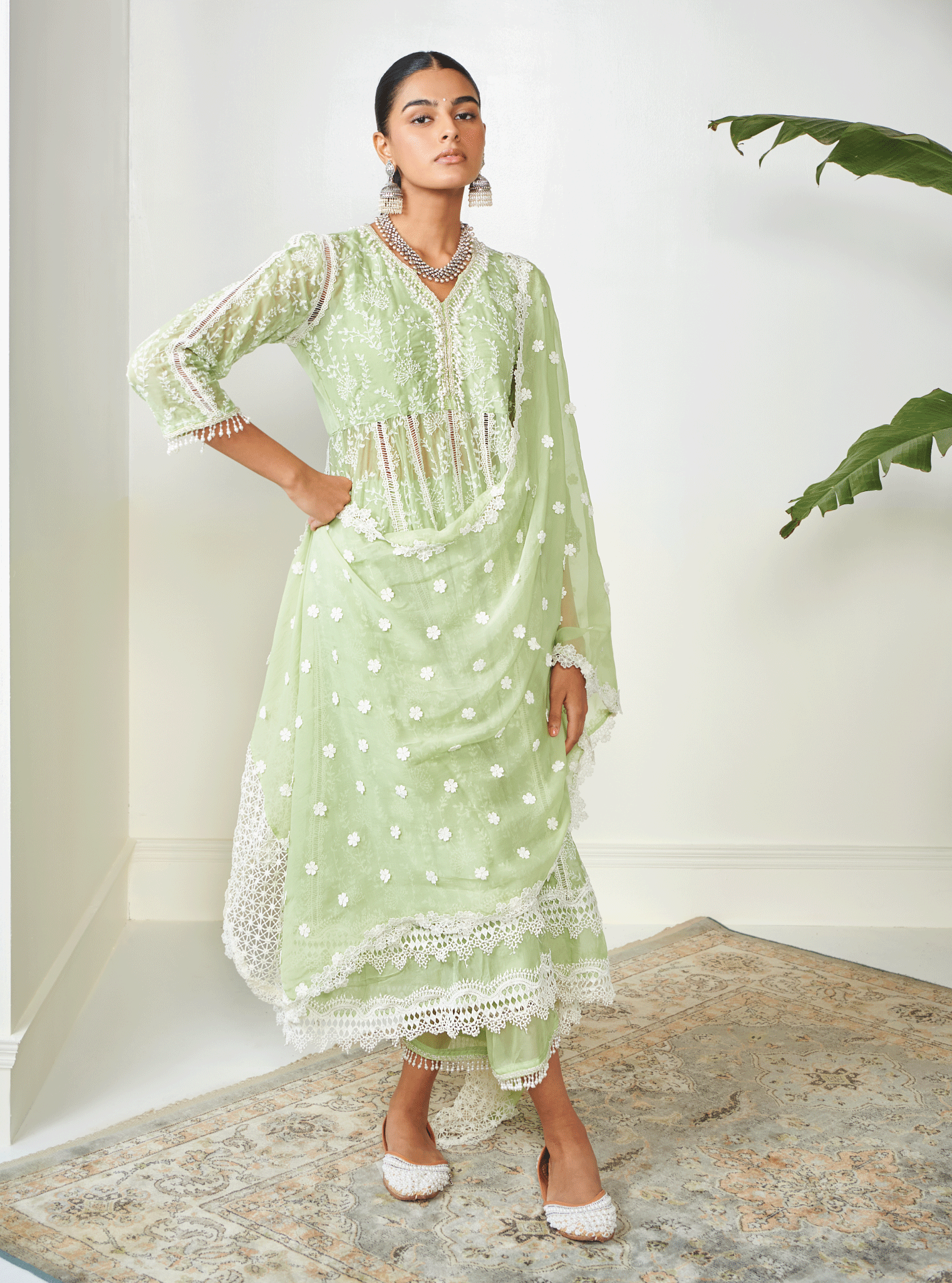 Mulmul Organza Twyla Green Kurta With Mulmul Cotton Twyla Green Pant