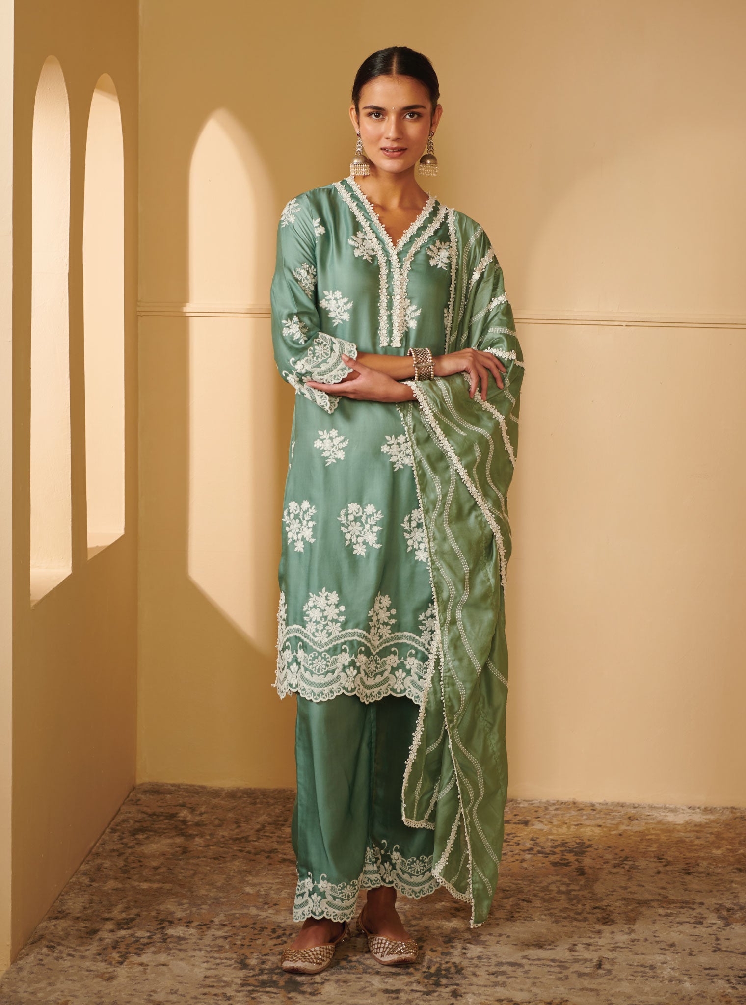 Mulmul Cupro Silk Nitha Teal Kurta With Nitha Teal Pant